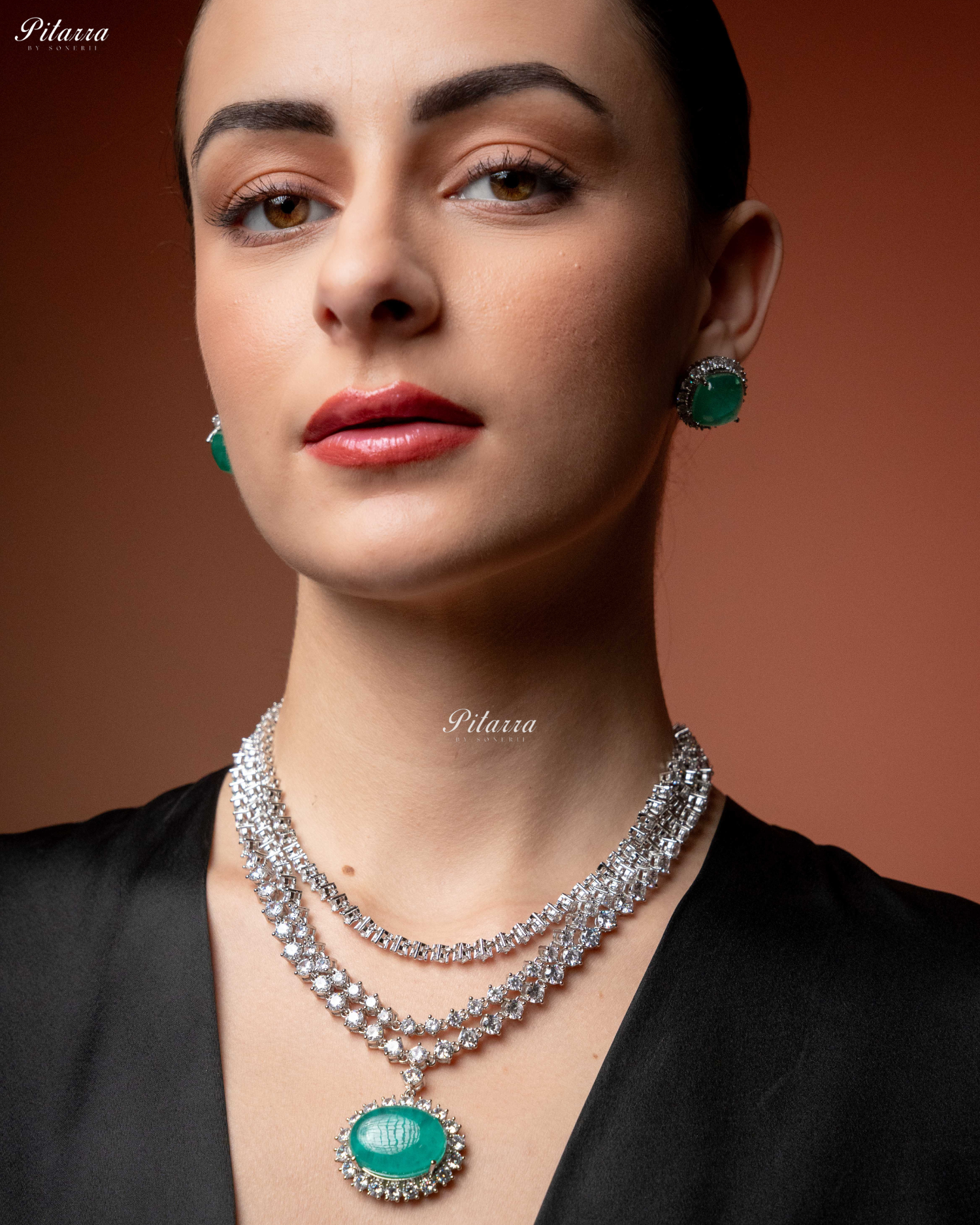 Green Stone Cubic Zirconia Silver Necklace Set