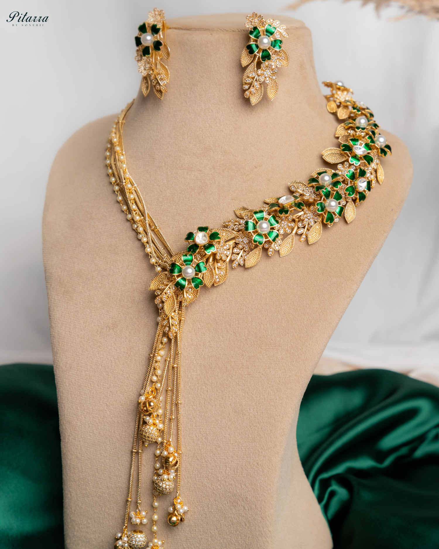Green Leaf Polki Golden Dual Necklace Set