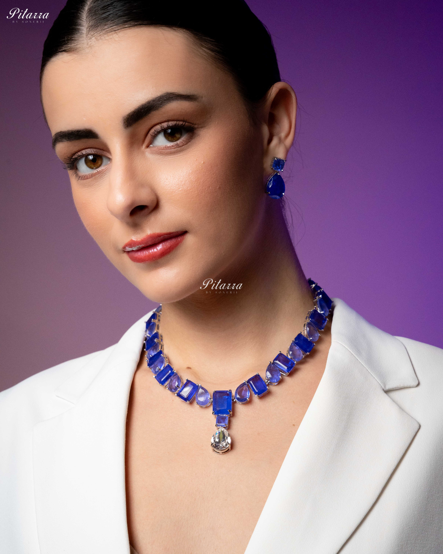 Blue Square and Drop Crystal Necklace Set