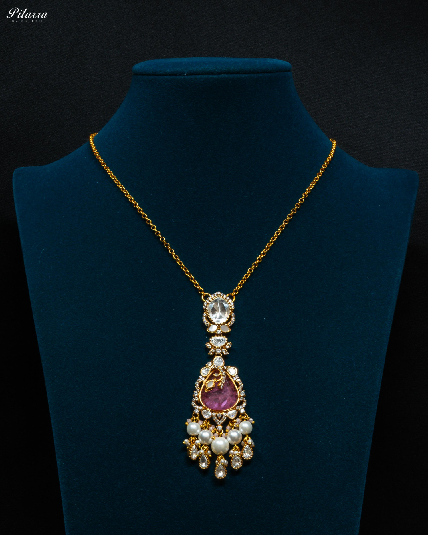 Pink Stone Gold Plated Beaded Traditional Necklace Set