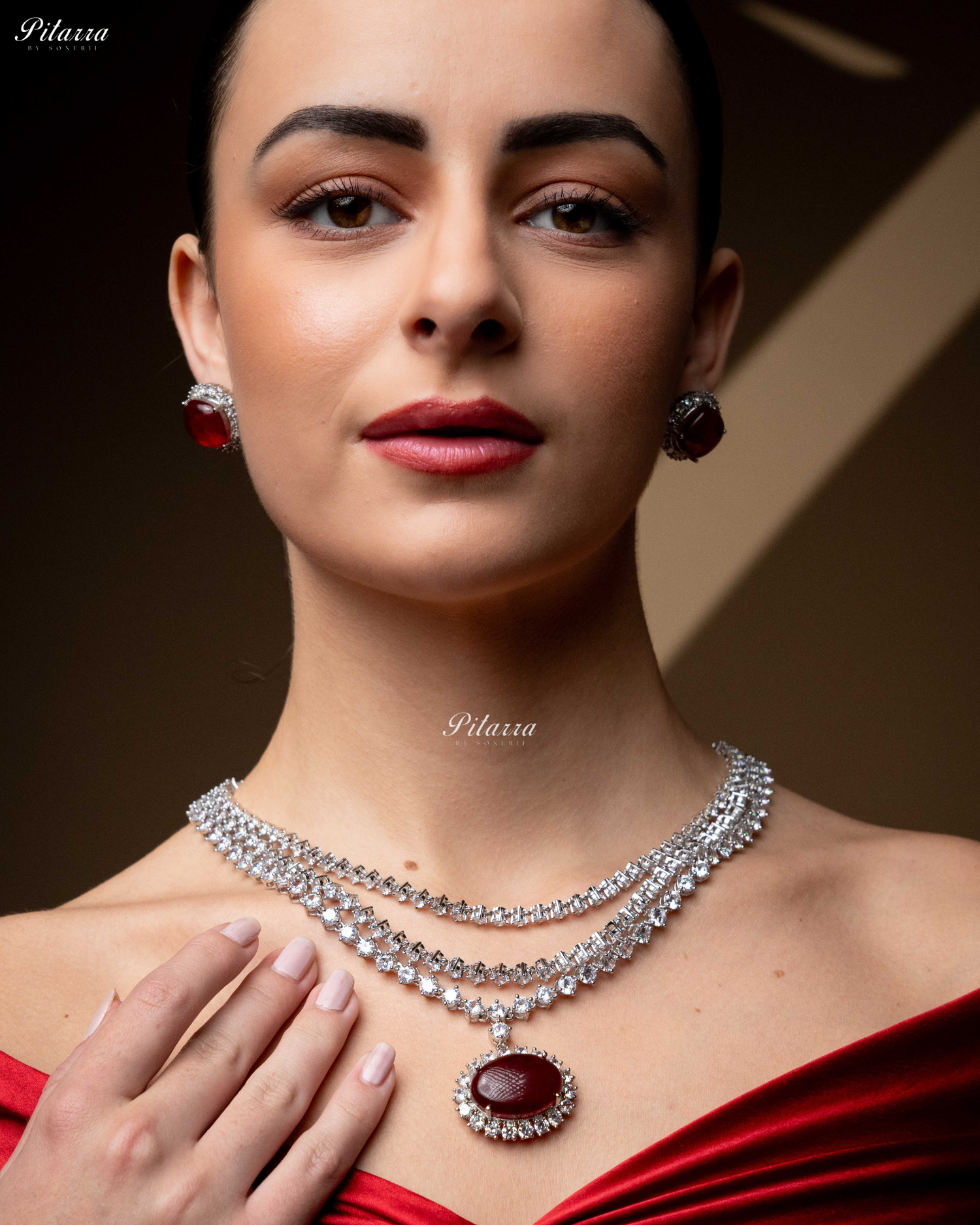 Ruby Red Stone Cubic Zirconia Silver Necklace Set