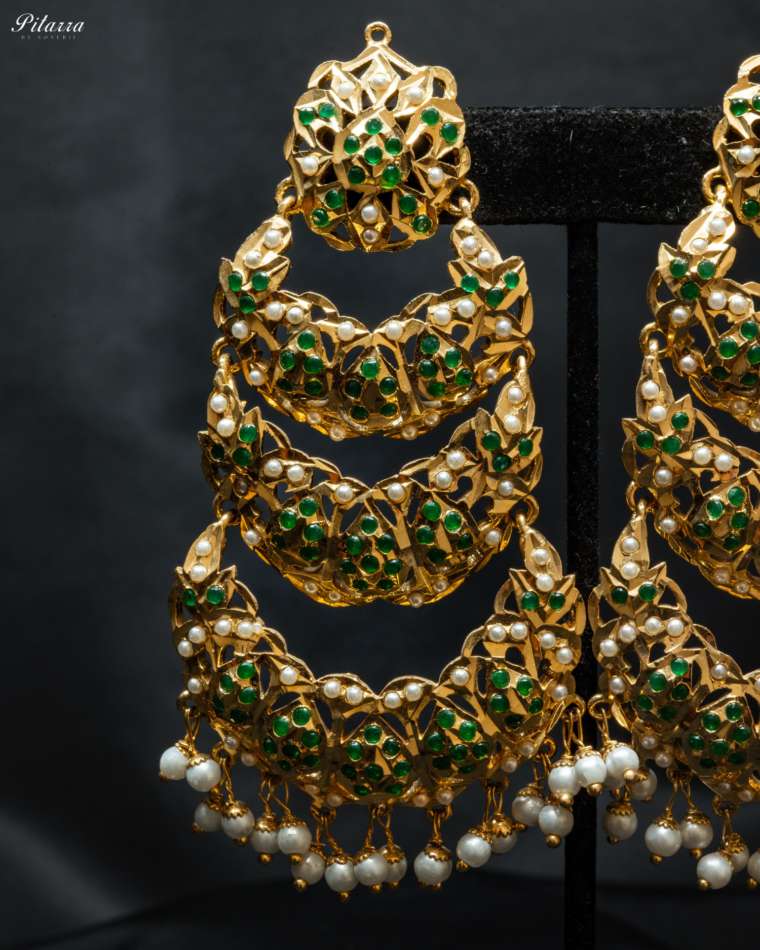 Green Stones Triple Layered Jadau Chandbali Earrings