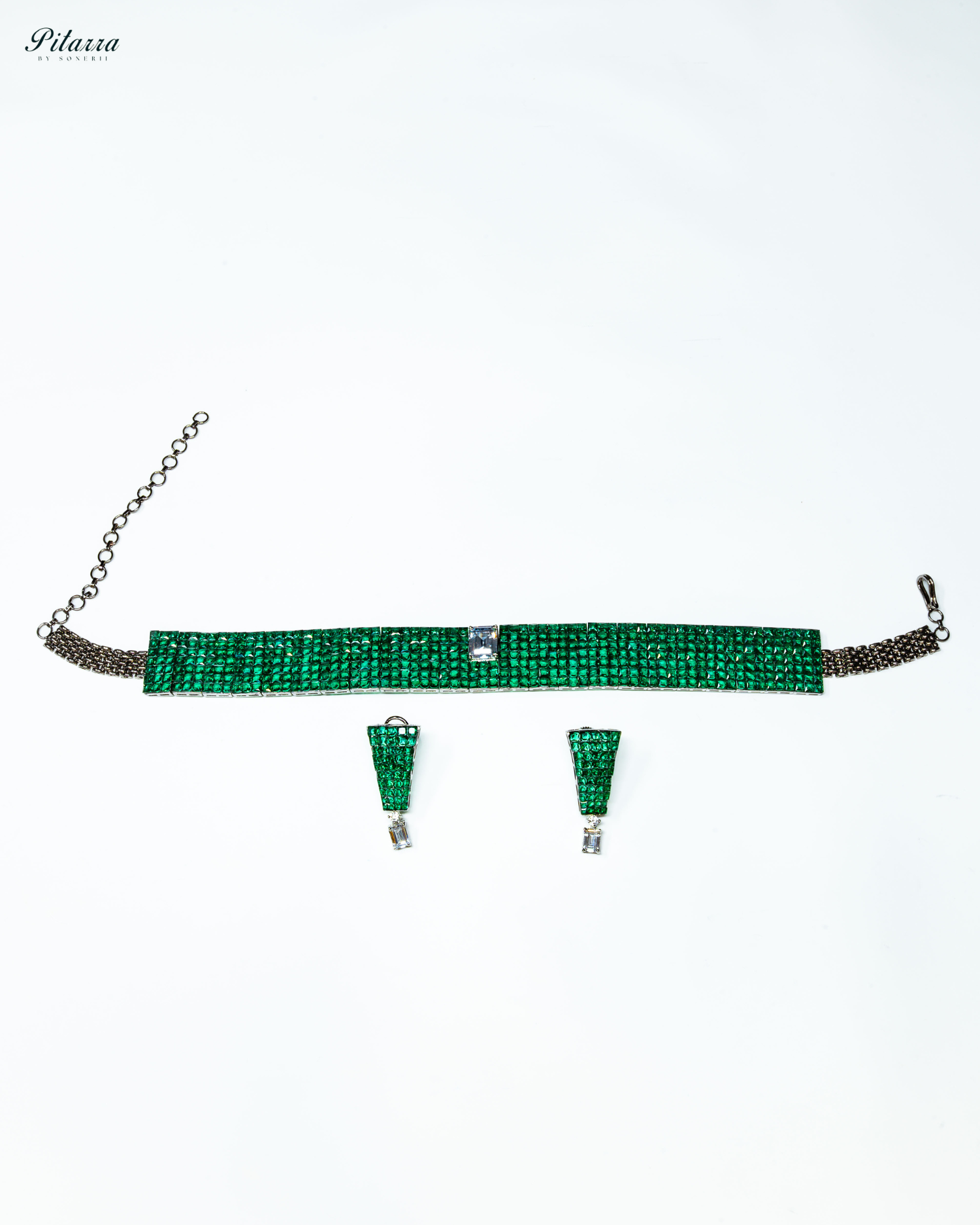 White Crystal Green CZ Choker Set