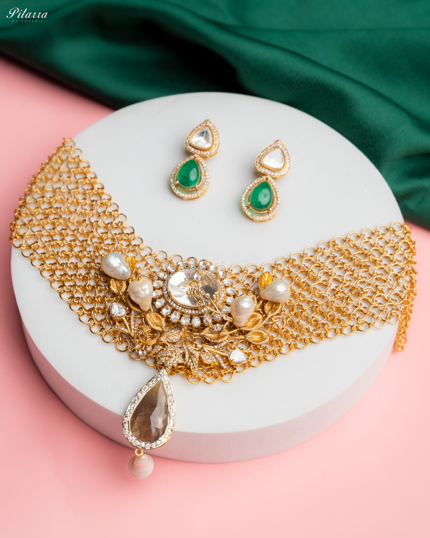 Antique Finish White Pearls Stone Kundan Set