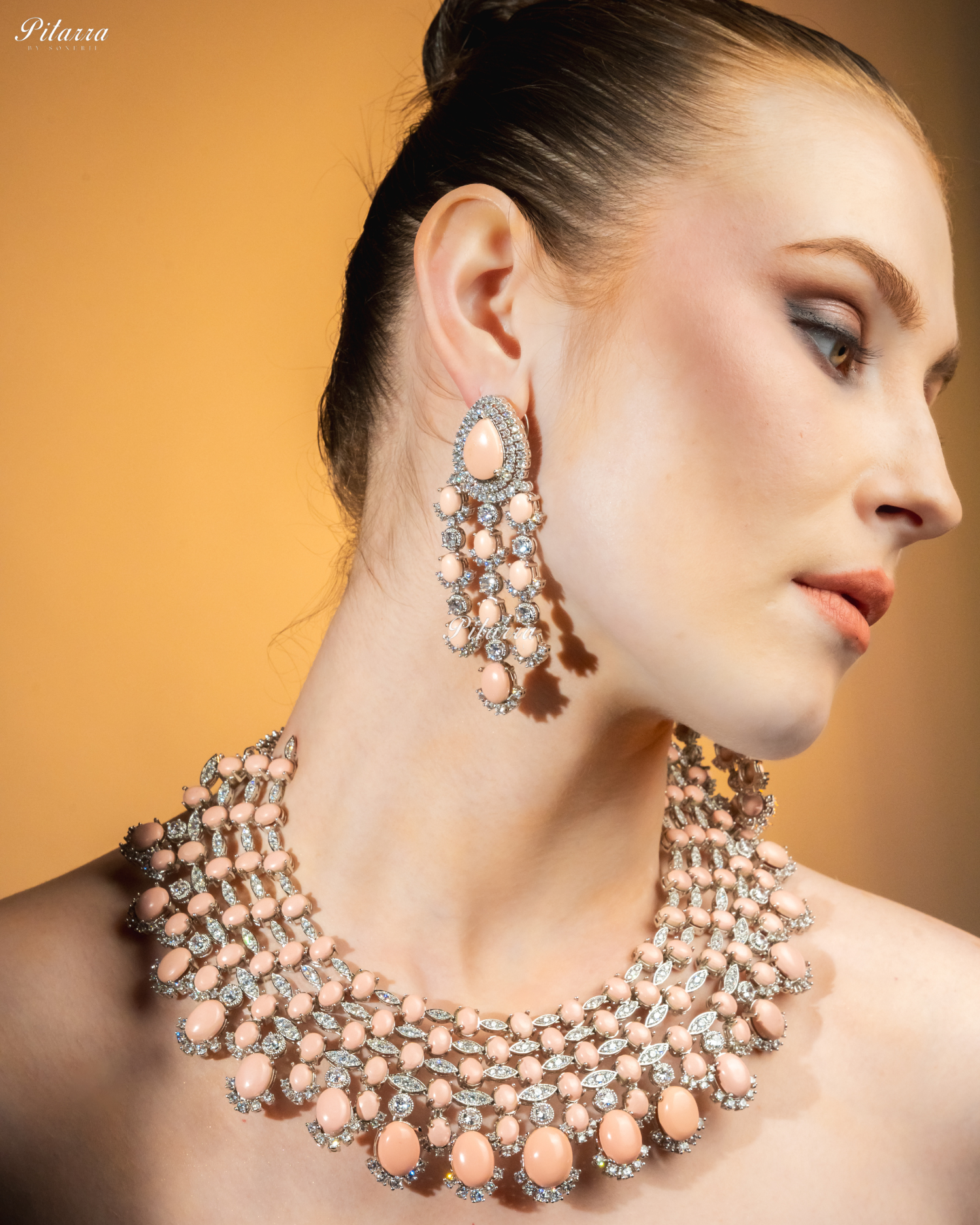 Peach Stone Silver Multi Layer CZ Necklace Set