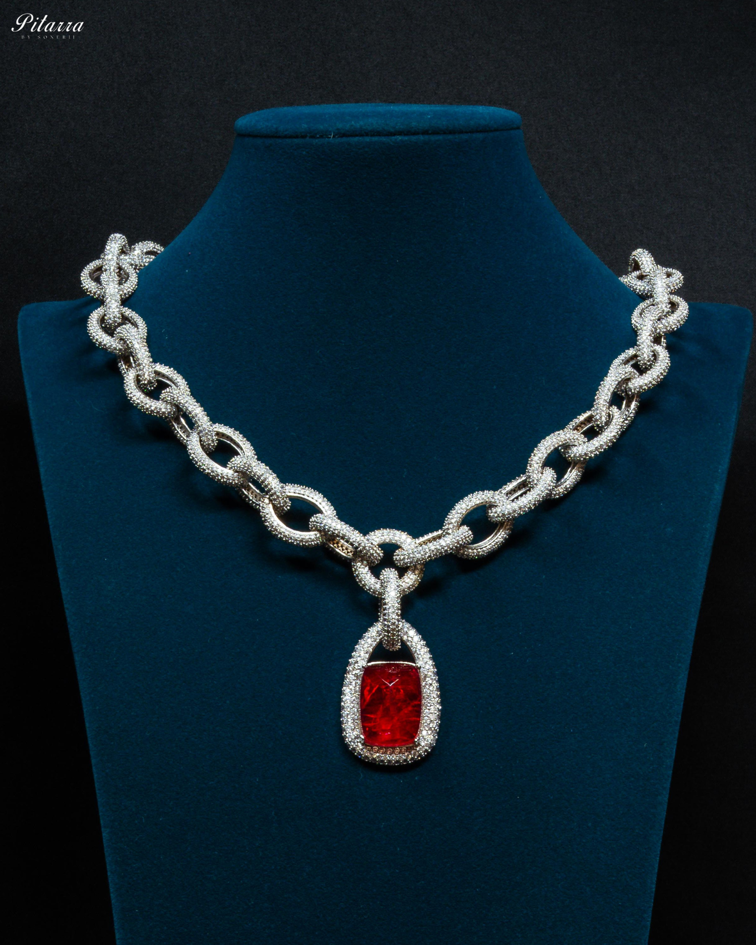 Red Stone Silver Chain CZ Necklace Set