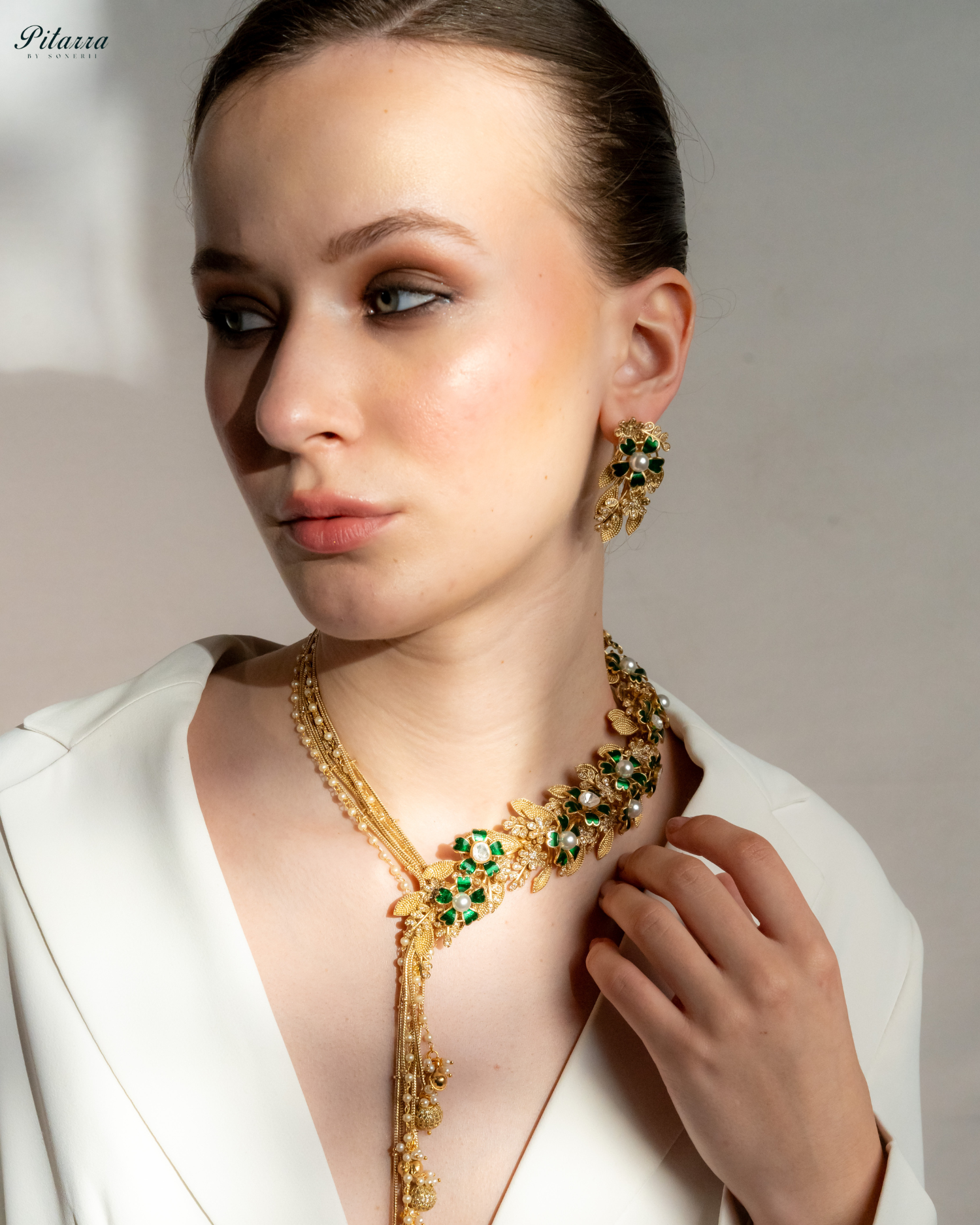 Green Leaf Polki Golden Dual Necklace Set