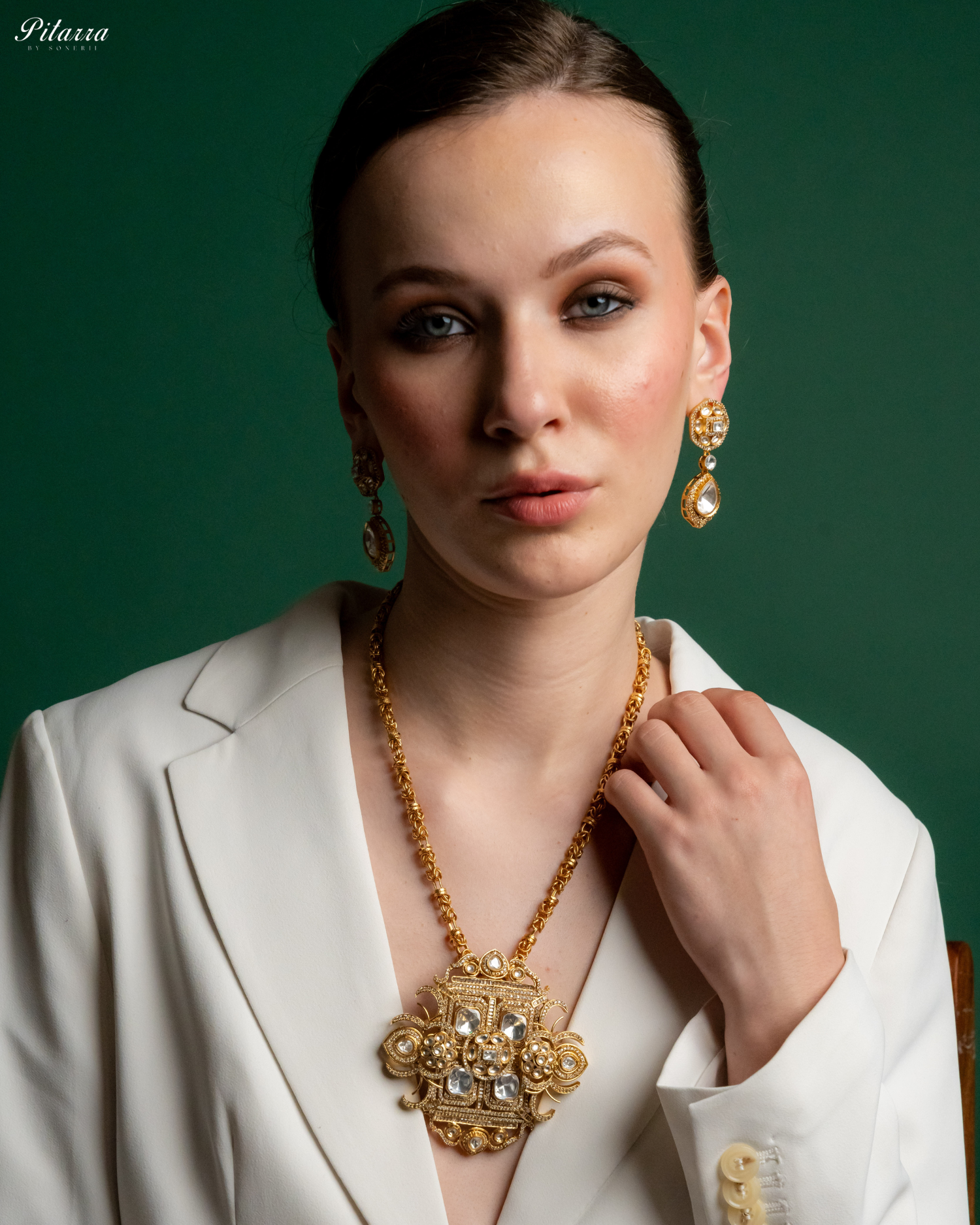 White Moissanite Stone Long Necklace Set