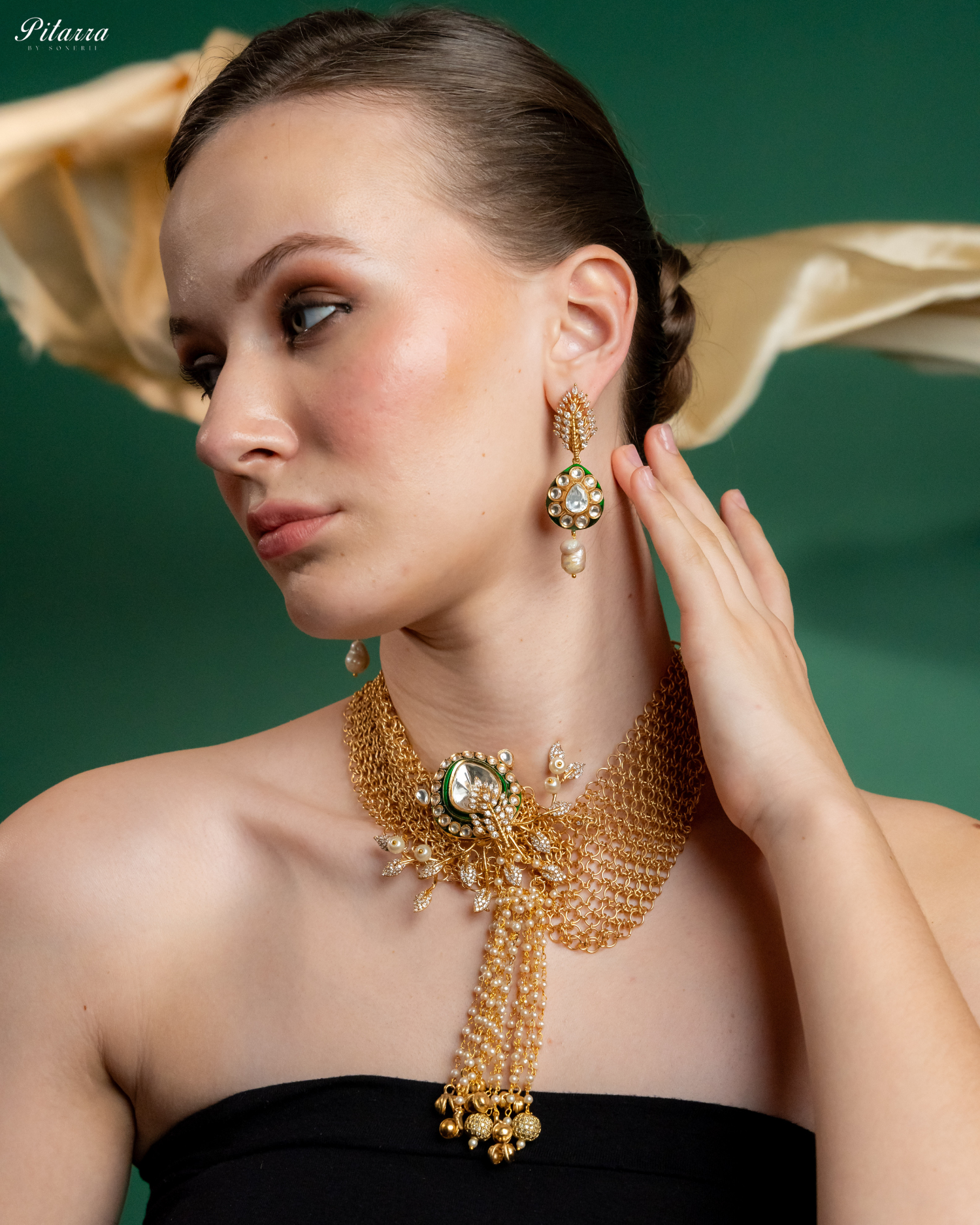 White Crystal Gold Finish Kundan Choker Set