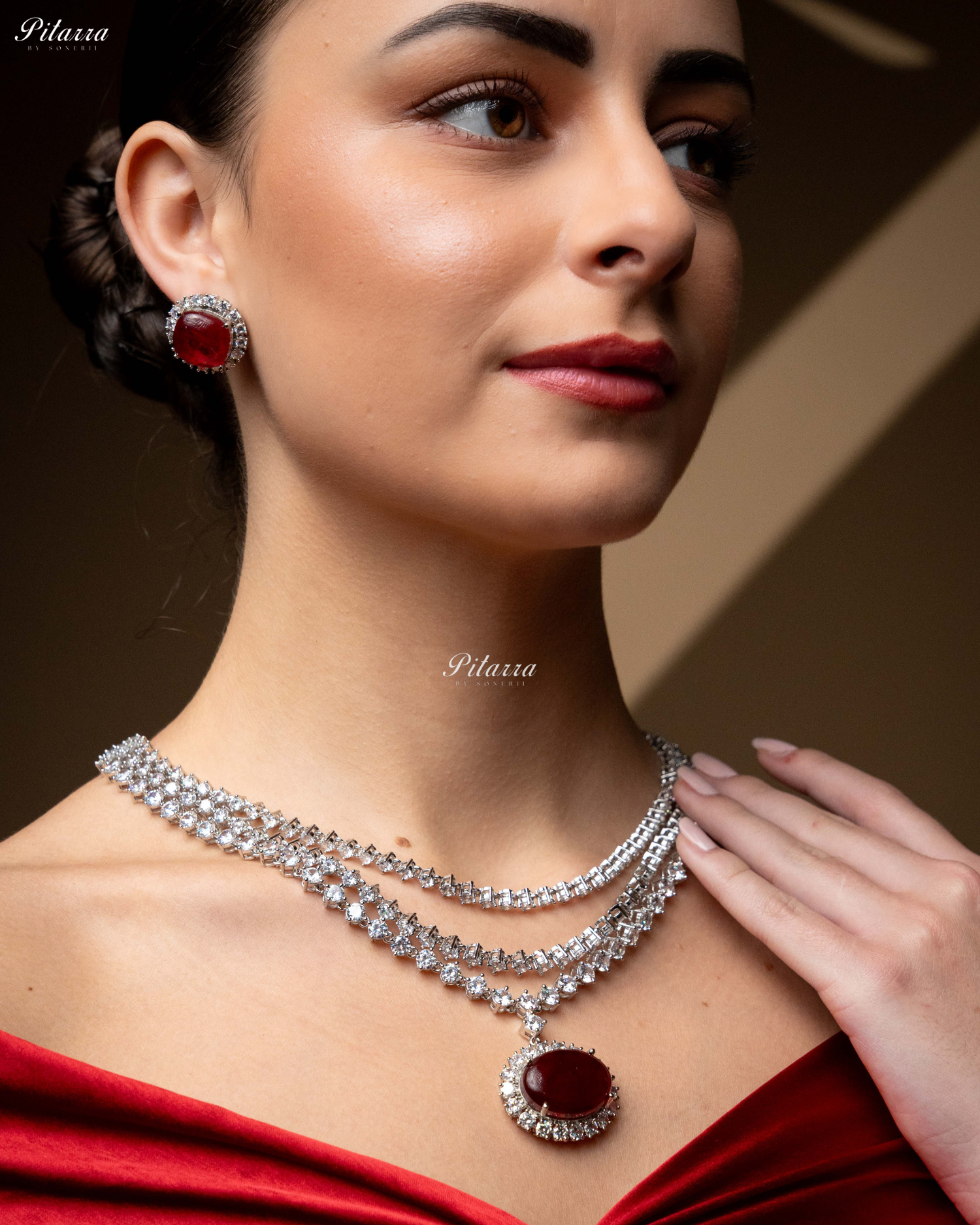 Ruby Red Stone Cubic Zirconia Silver Necklace Set
