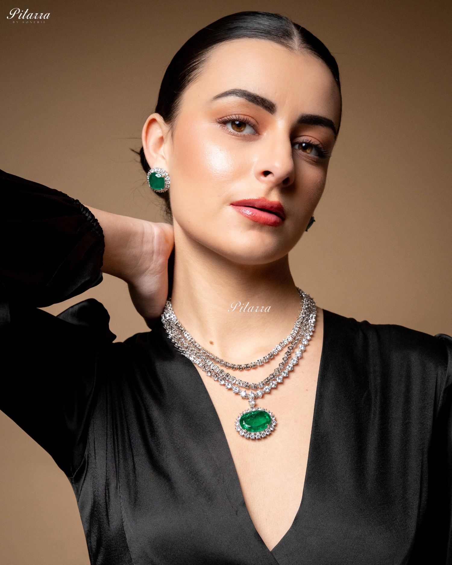 Emerald Stone Cubic Zirconia Silver Necklace Set