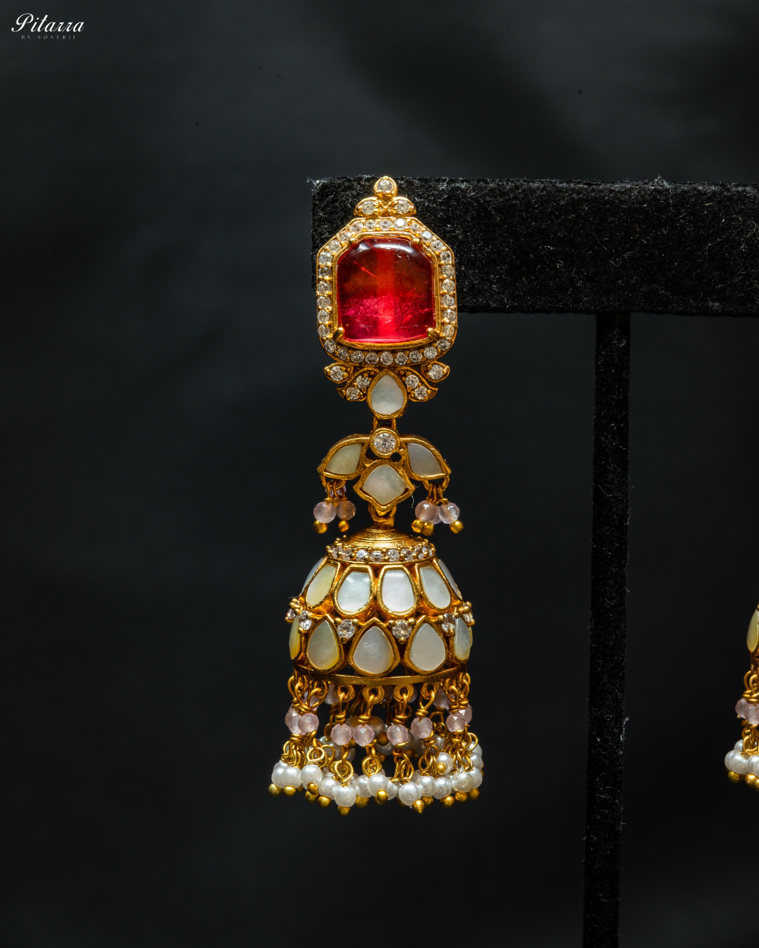 Gold Plated Red Kundan Jhumka Earrings