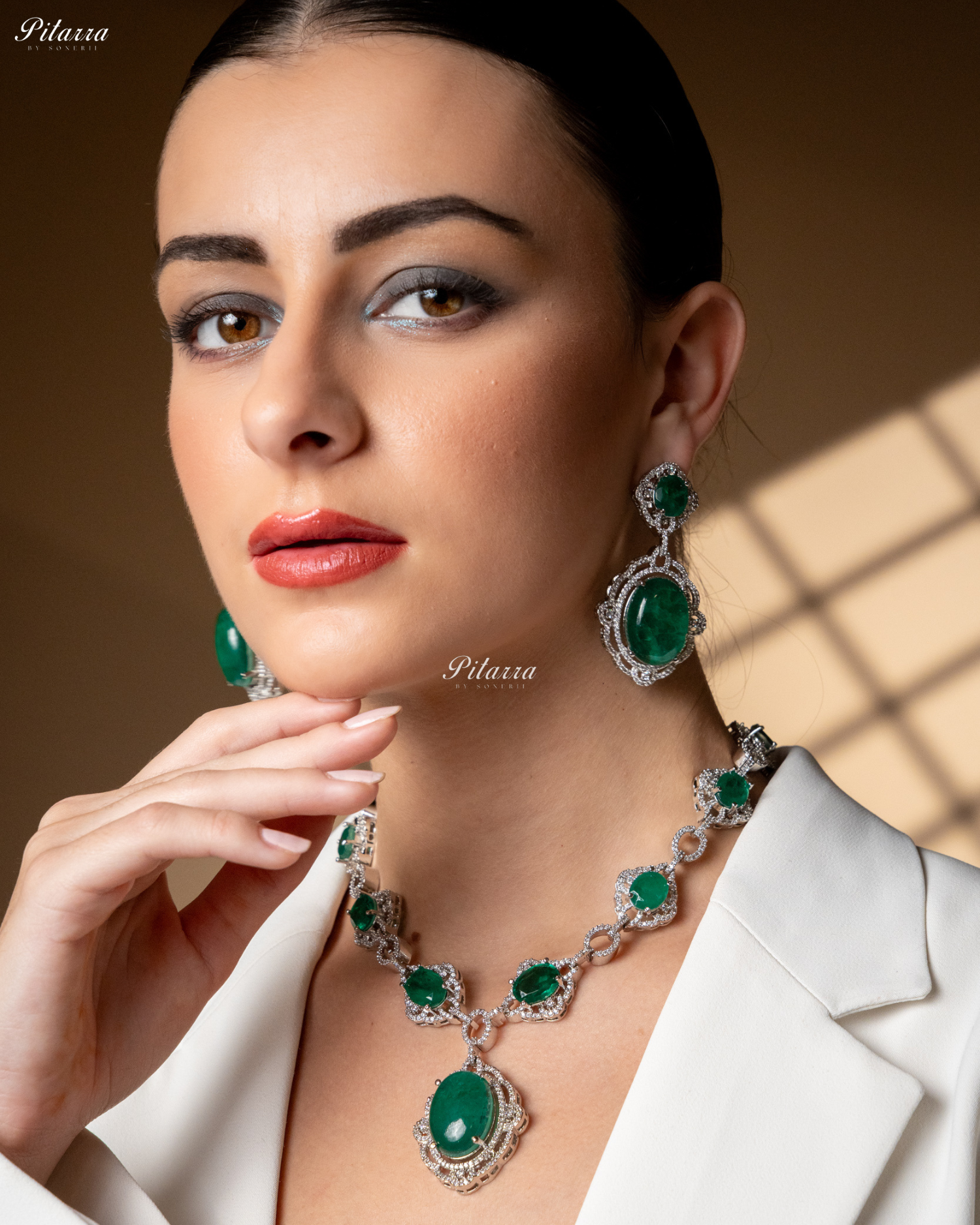 Emerald Stone Silver Finish Tone Crystal Necklace Set