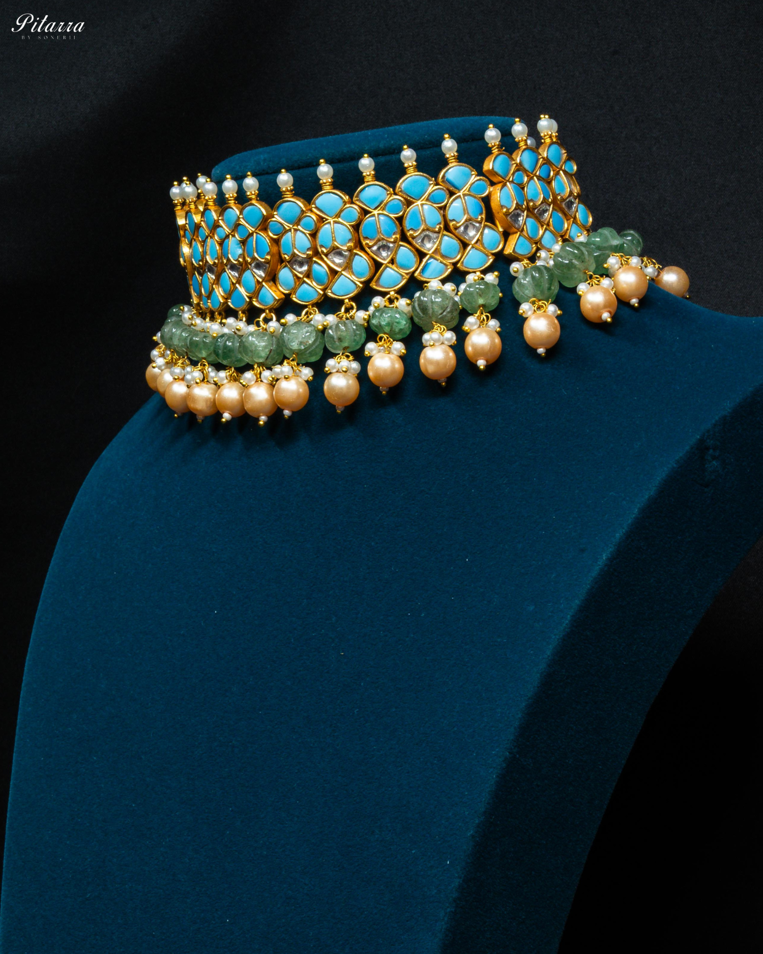 Turquoise Blue Stone Pearls Meenkari Kundan Choker Set