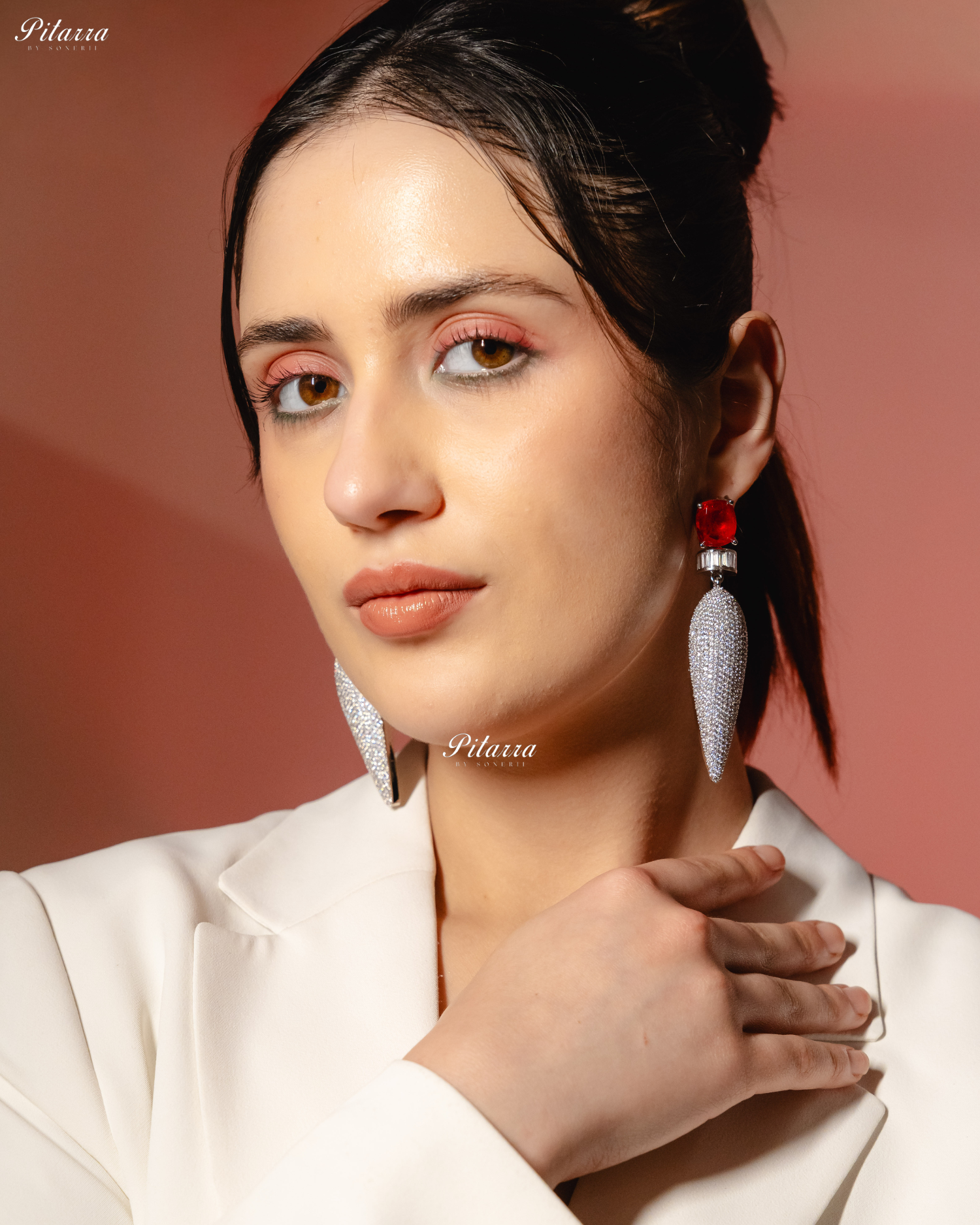 Red Stone Shiny Teardrop Doublet Dangler Earrings