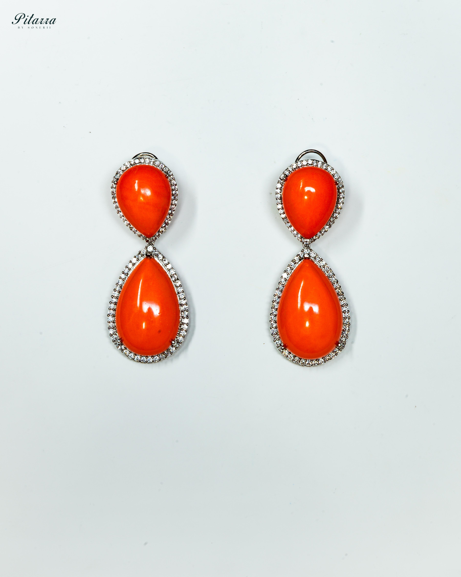 Orange Red Color Drop Stone Silver Crytsal Dangle Earrings