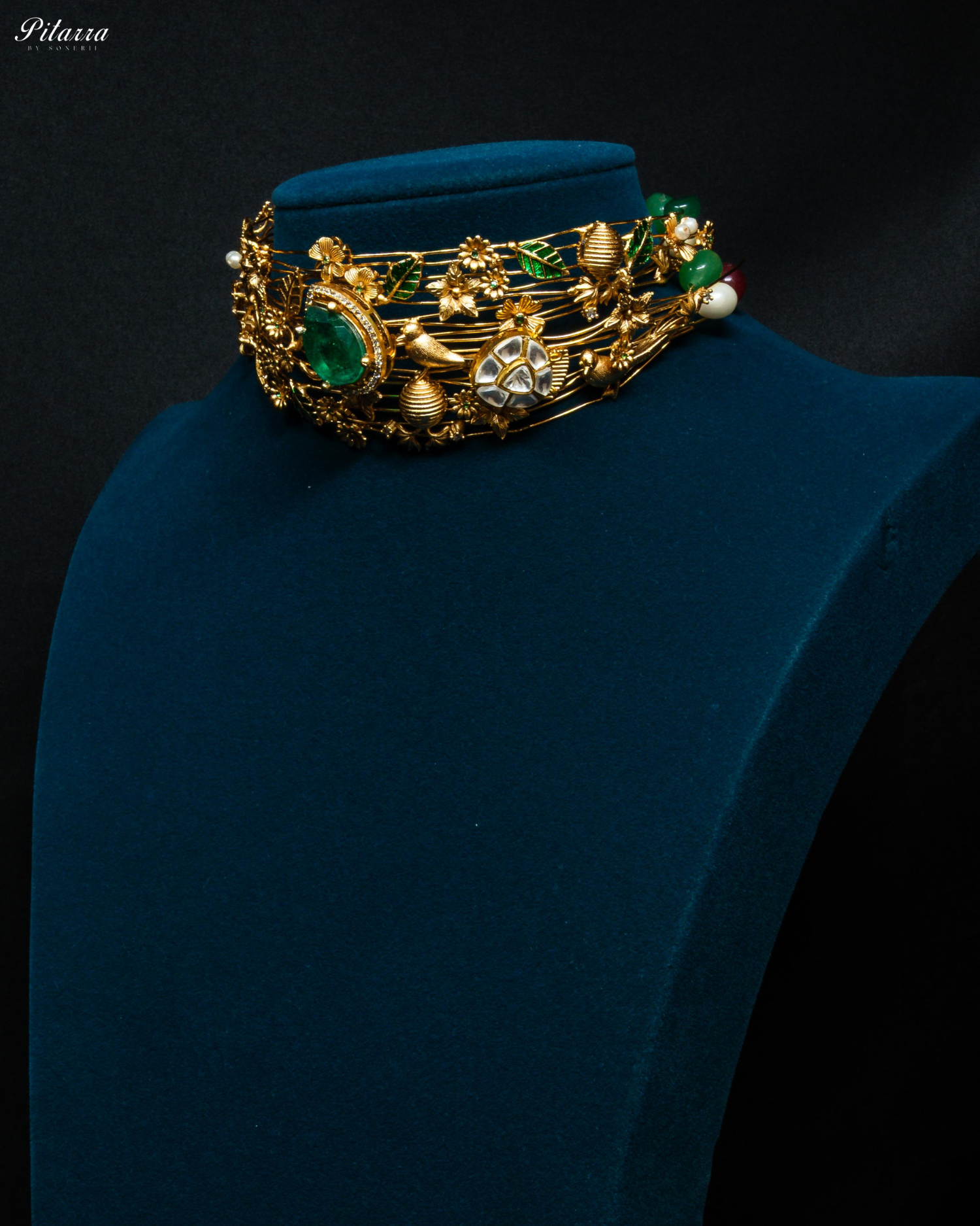 Golden Leaf With Emerald Crystal Stone Choker Set