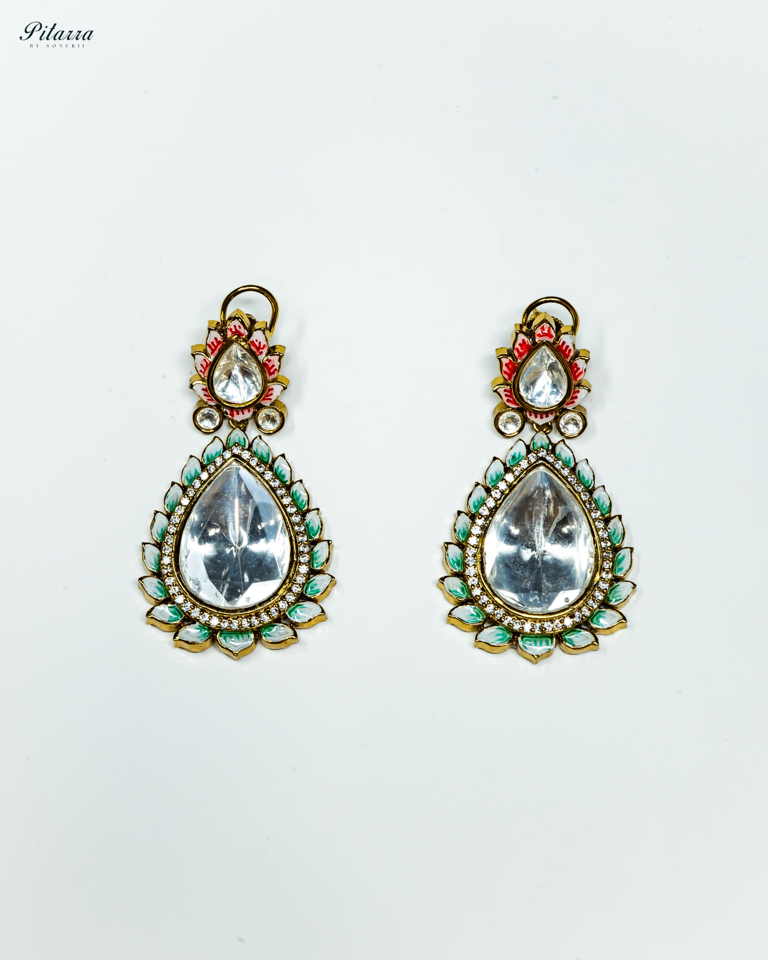 Pitarra Green Polki Kundan Dangle Earrings