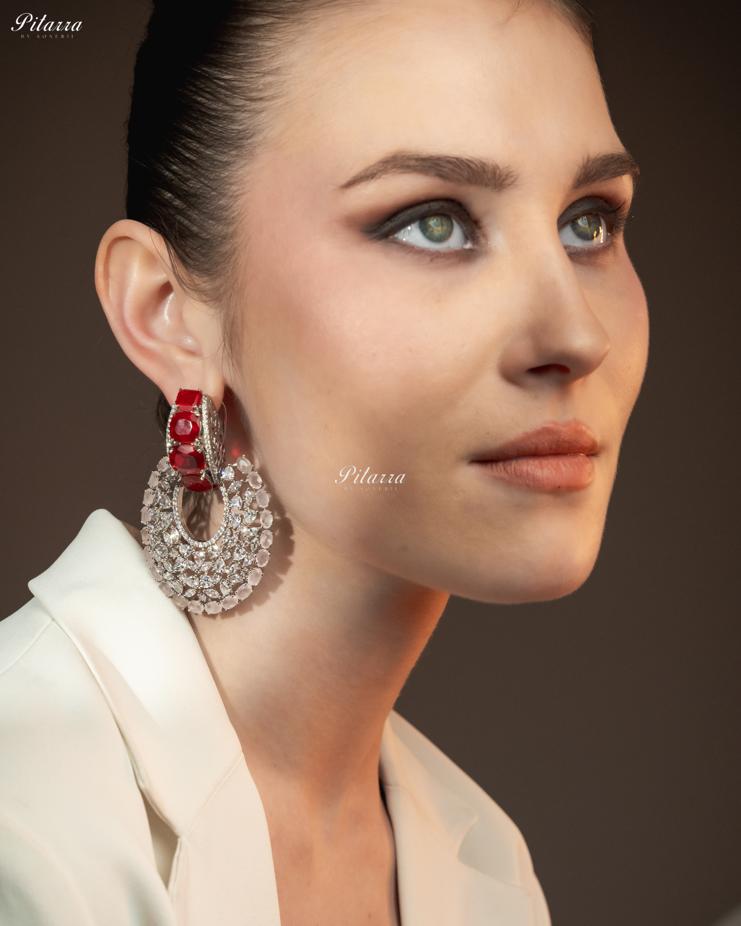 Red Stone White Layer Cubic Zirconia Dangler Earrings