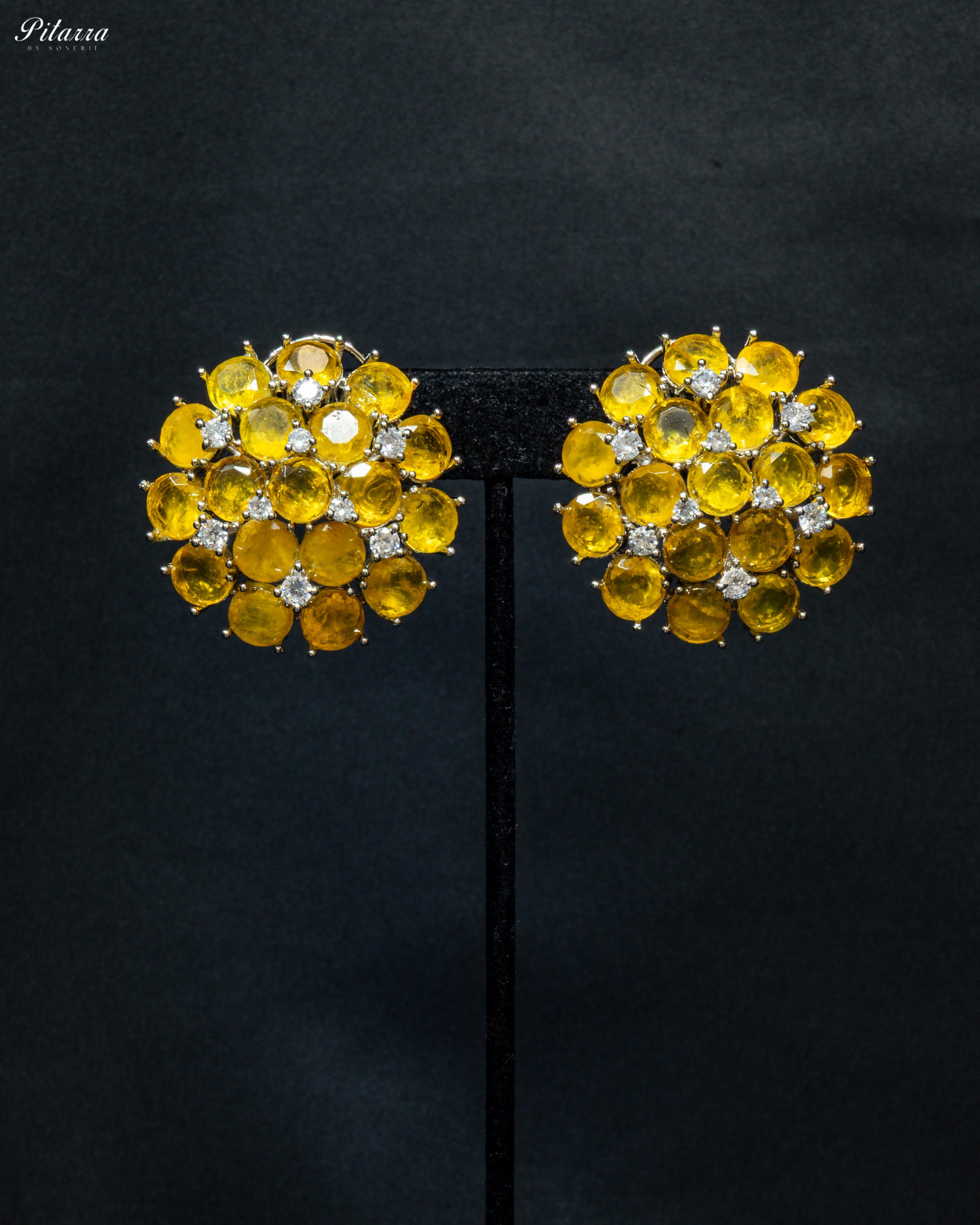 Yellow Stone Silver Crystal Stud Earrings