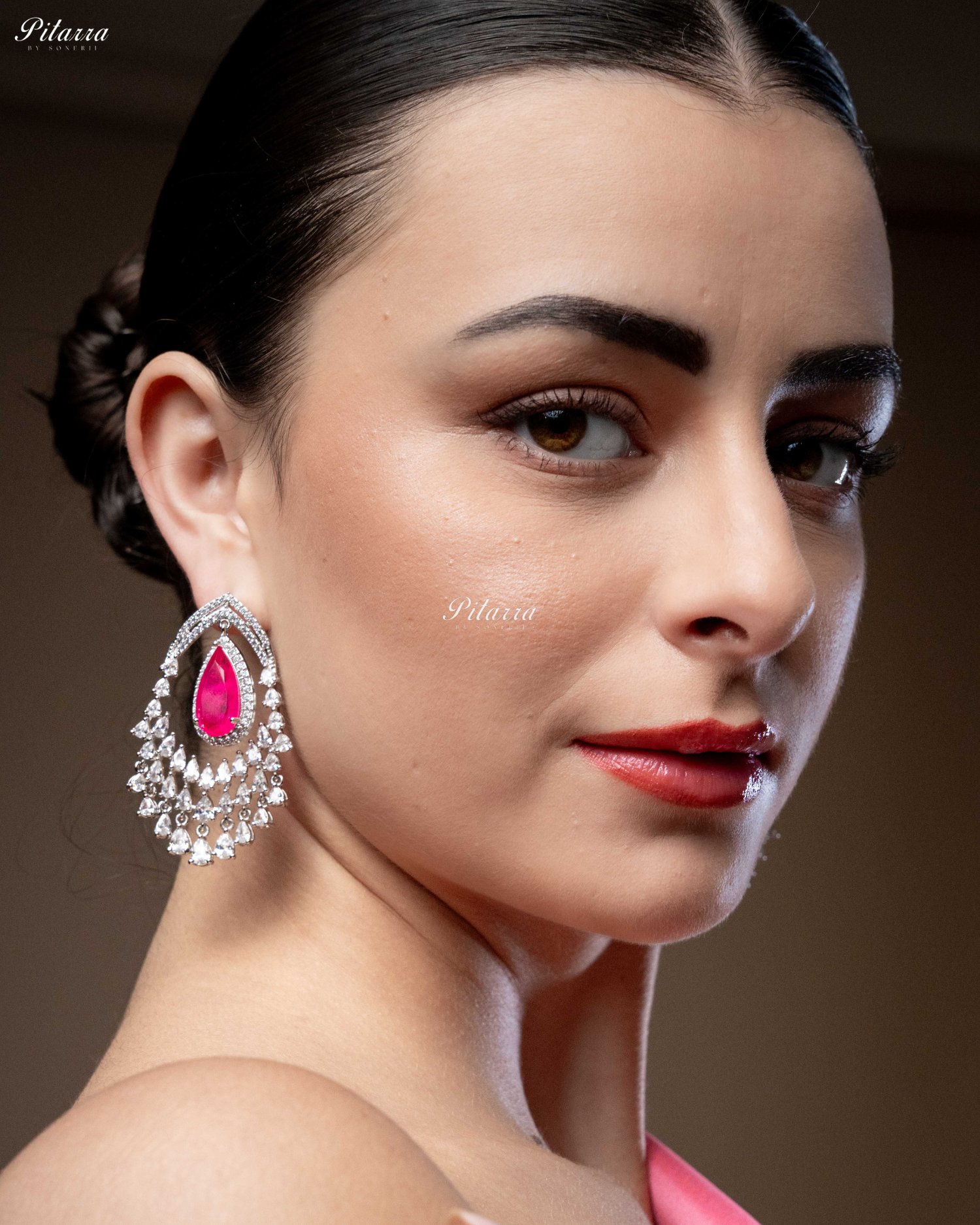 Pink Stone Silver CZ Dangle Earrings