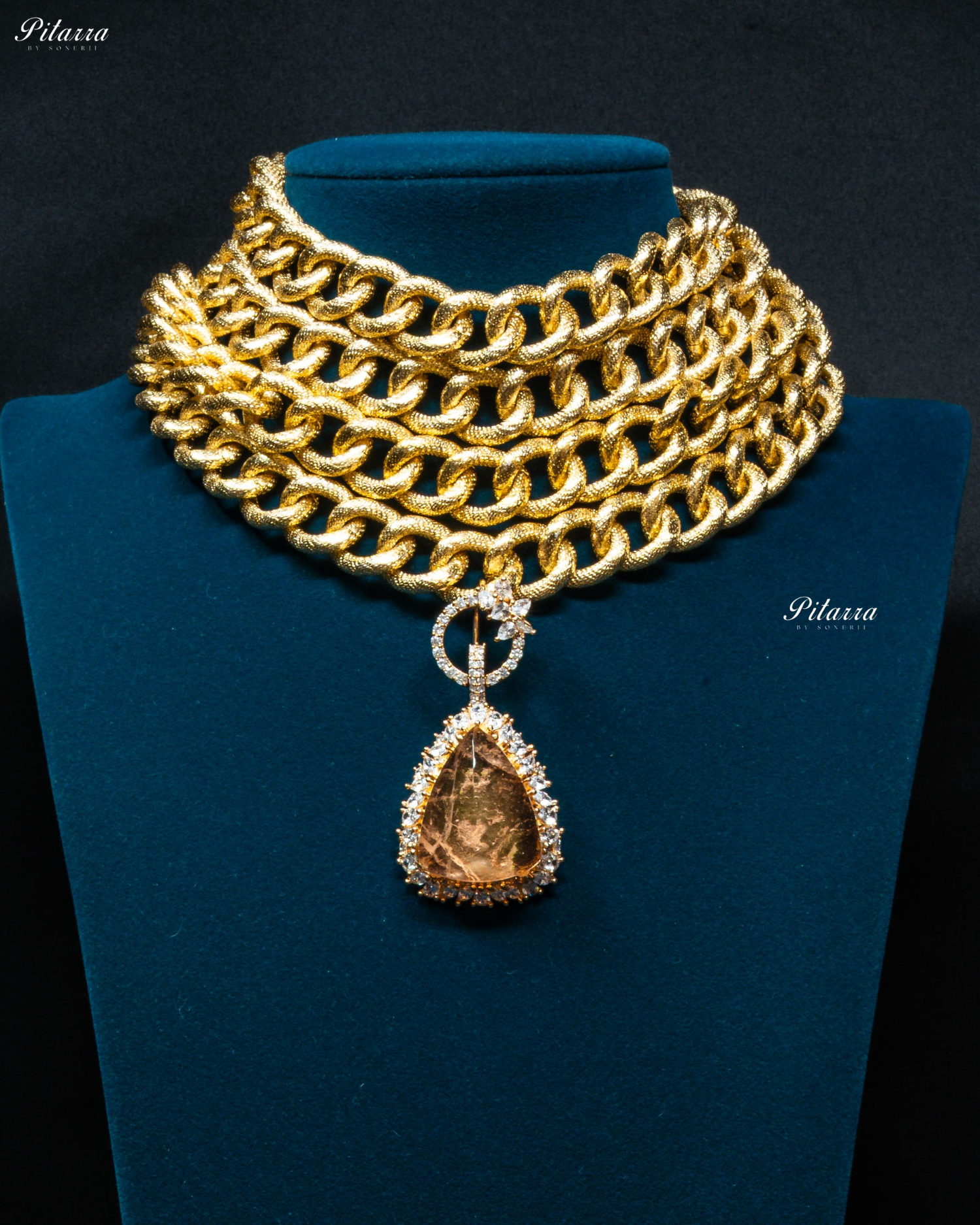 Golden Multilayered Peach Stone Statement Pendant Chain Choker