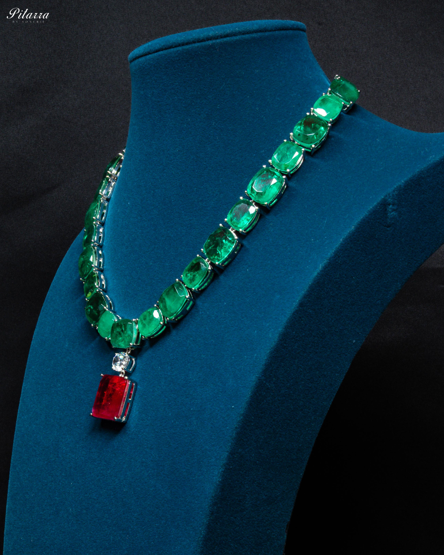 Silver Finish Red Square Crystal Necklace Set