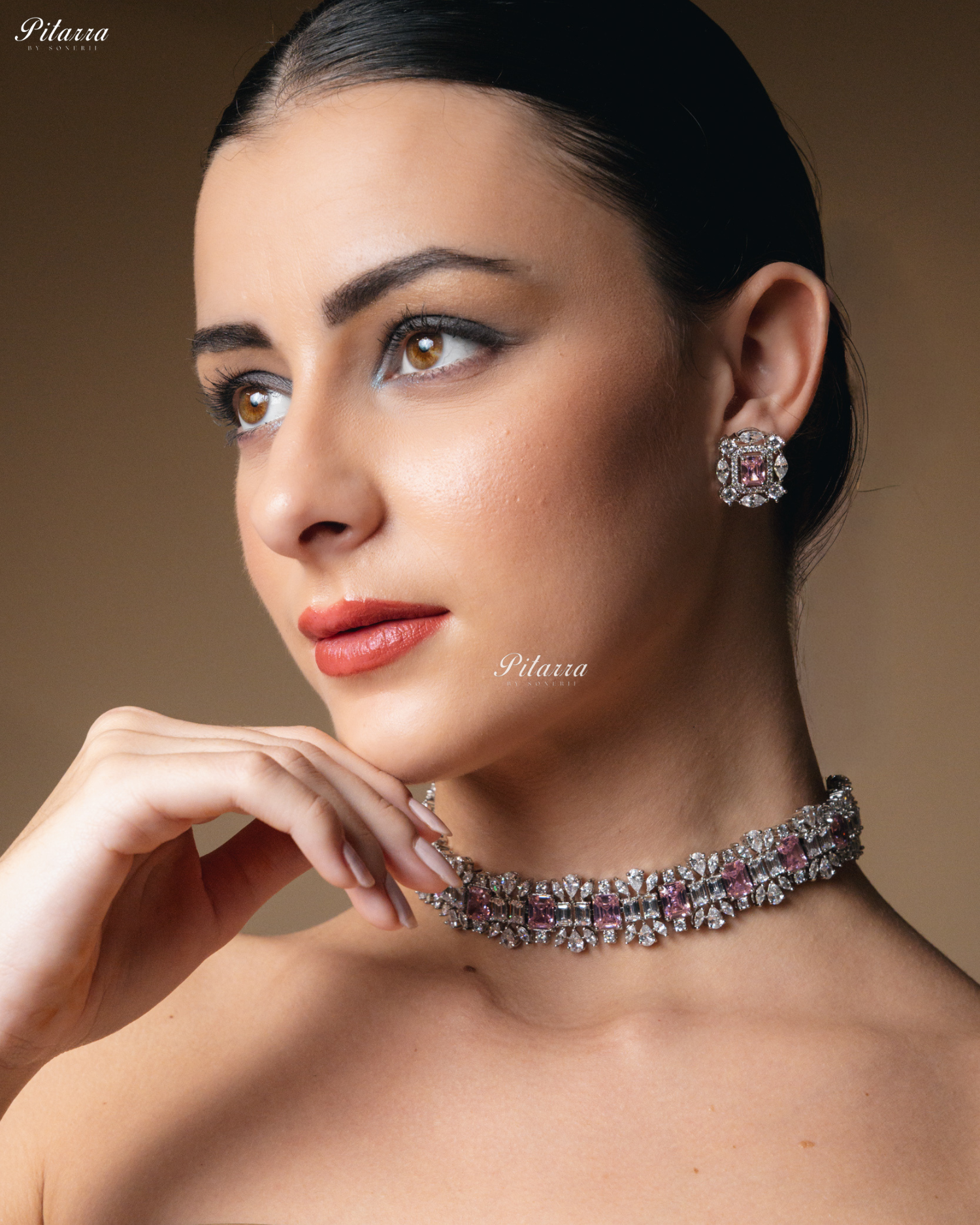 Pink Stone Silver Plated CZ Necklace Set