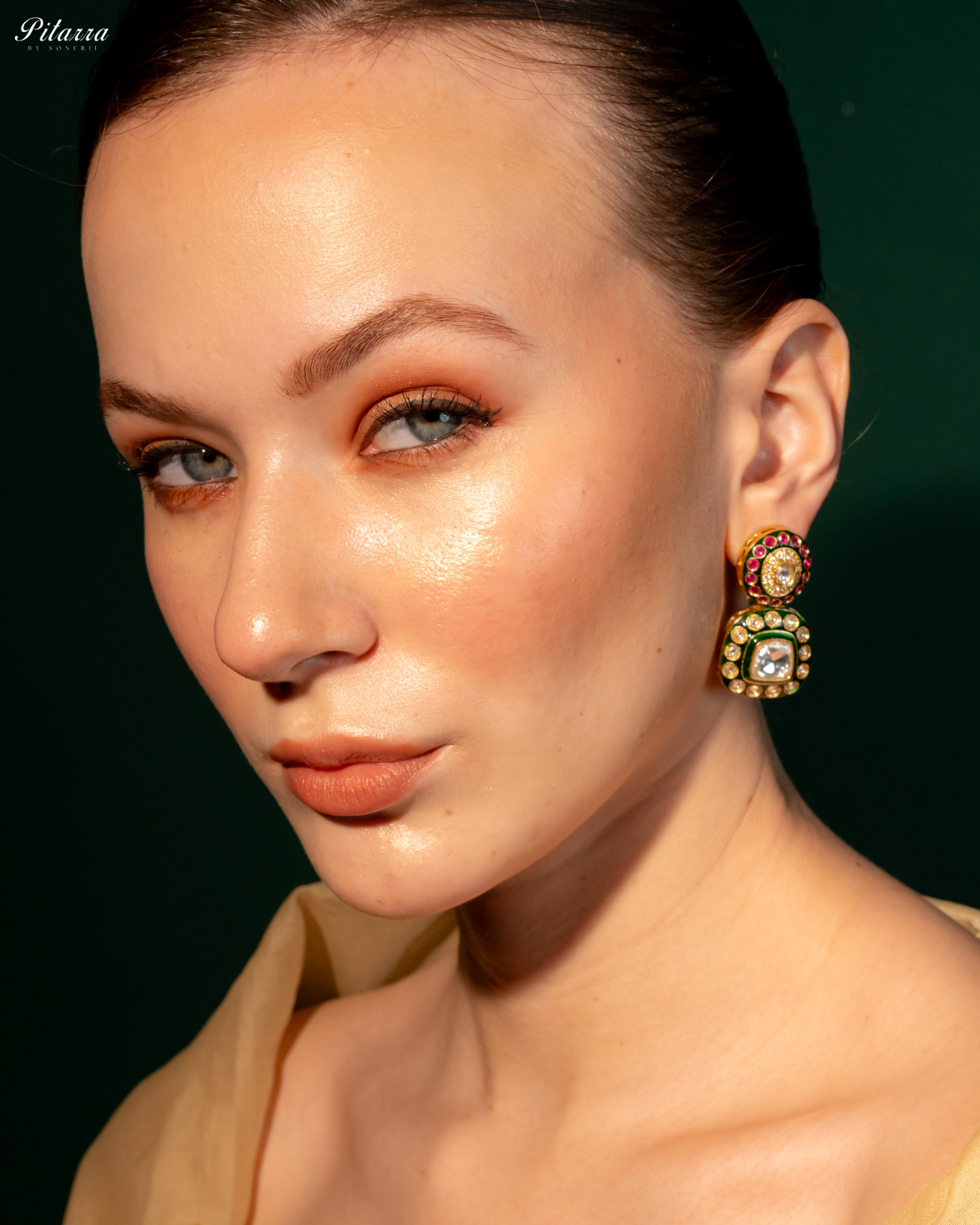 Lauren Green Square Polki Earrings Set