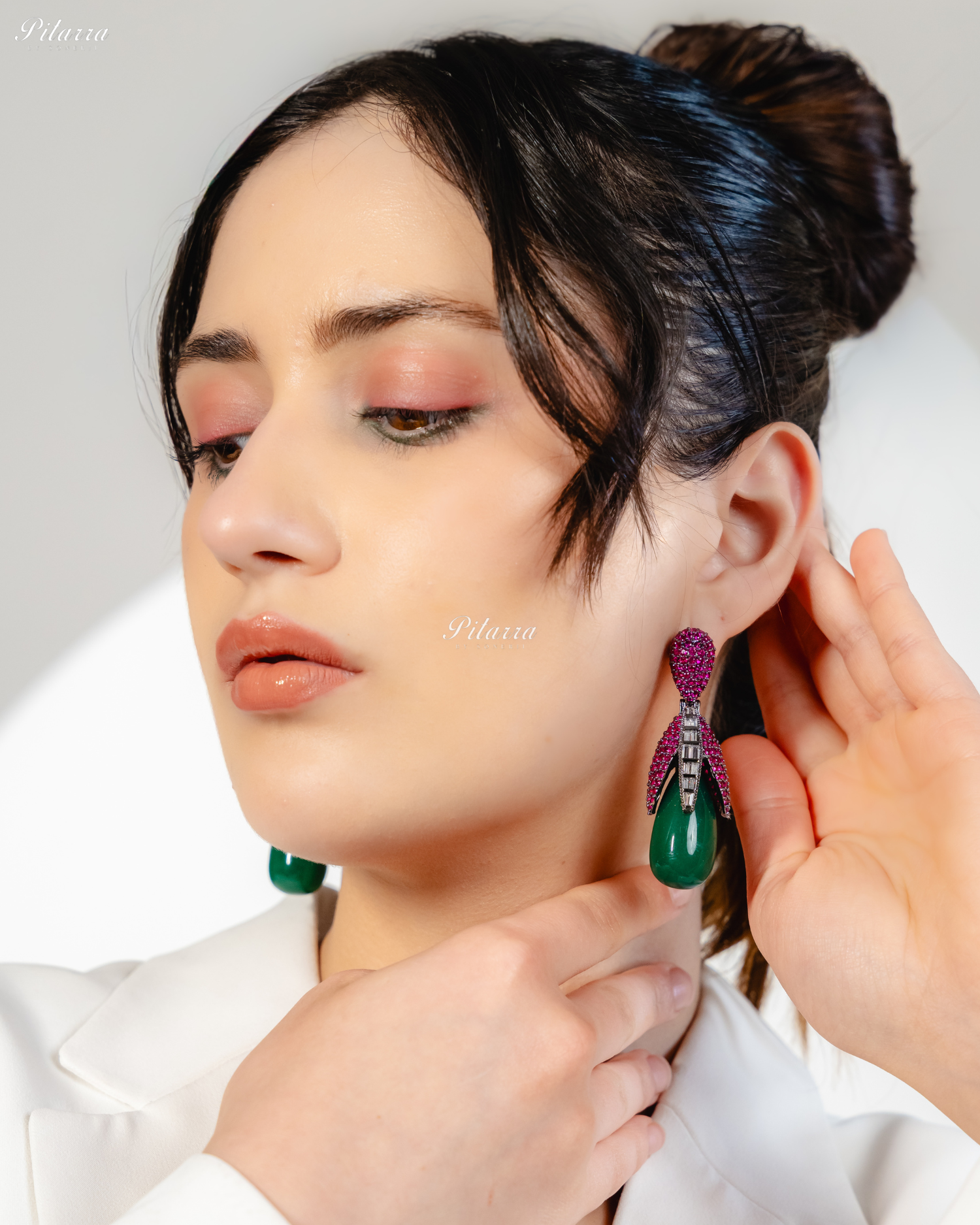 Pink Leaf Emerald Teardrop CZ Crystal Earrings
