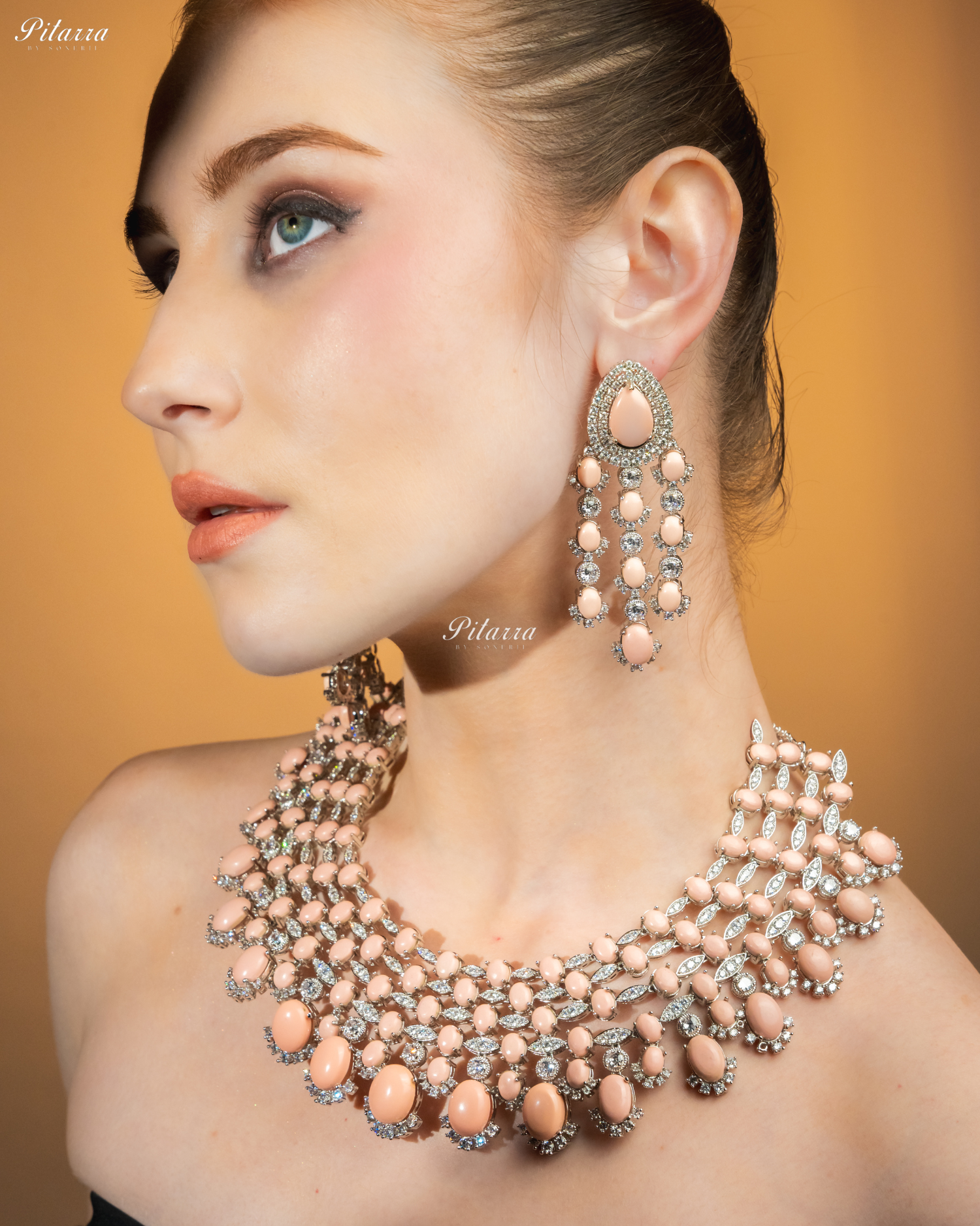 Peach Stone Silver Multi Layer CZ Necklace Set