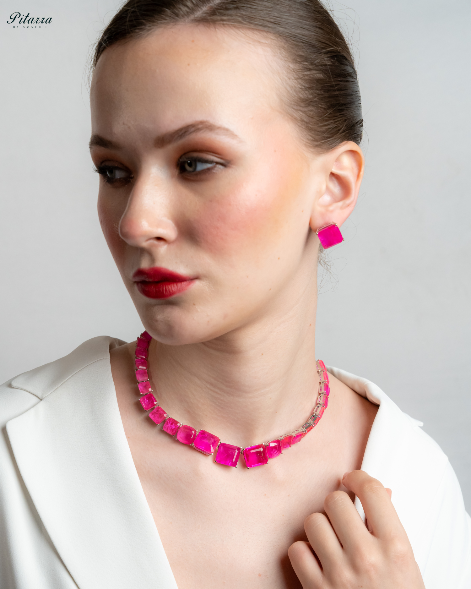 Pink Square Cubic Zirconia Necklace Set