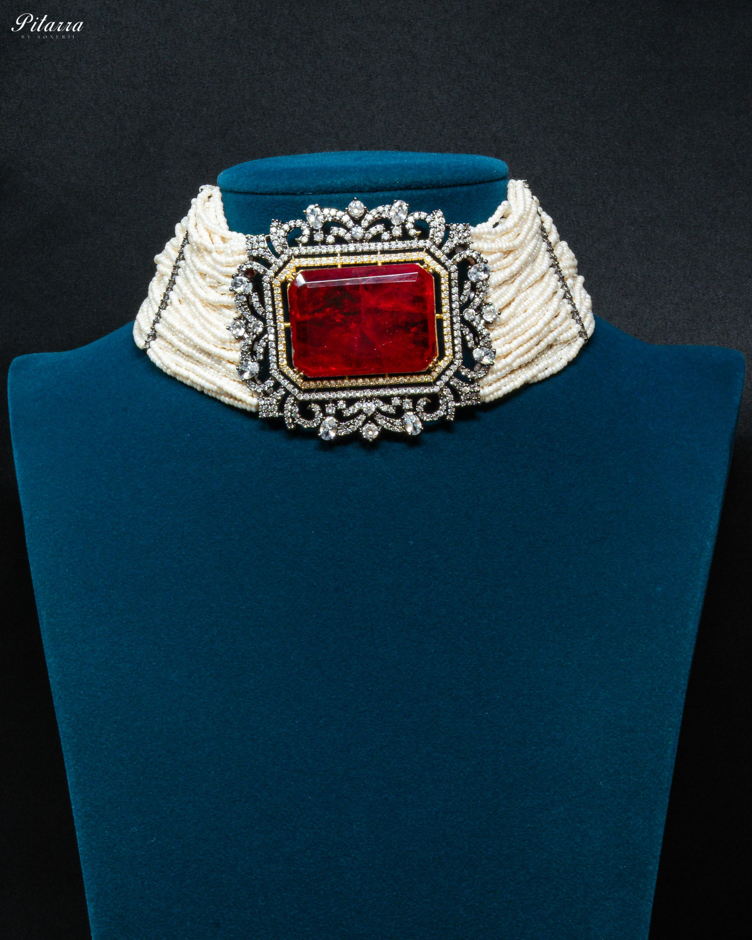 Red Stone Doublet Pearl Choker Set