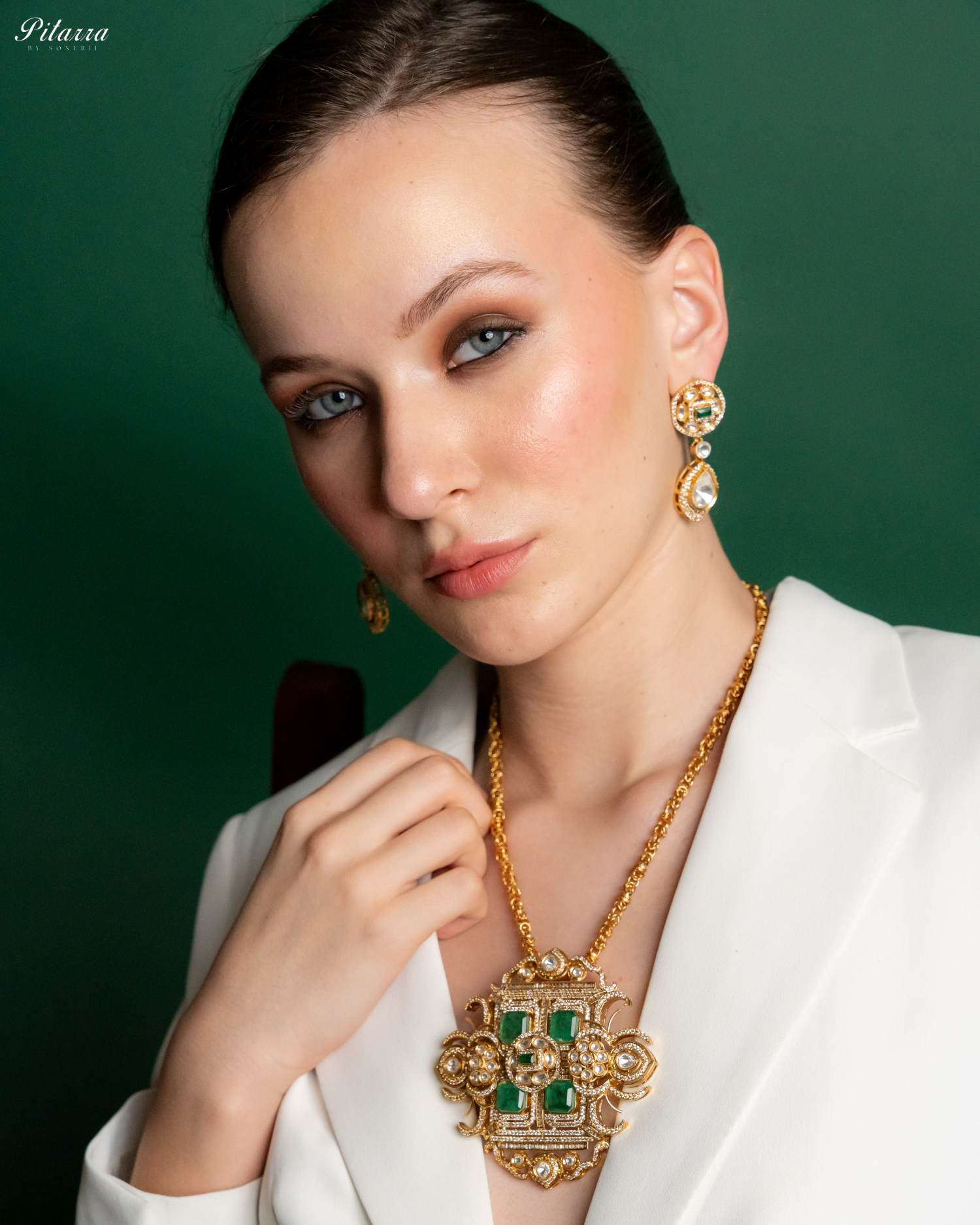 Green Moissanite Stone Long Necklace Set