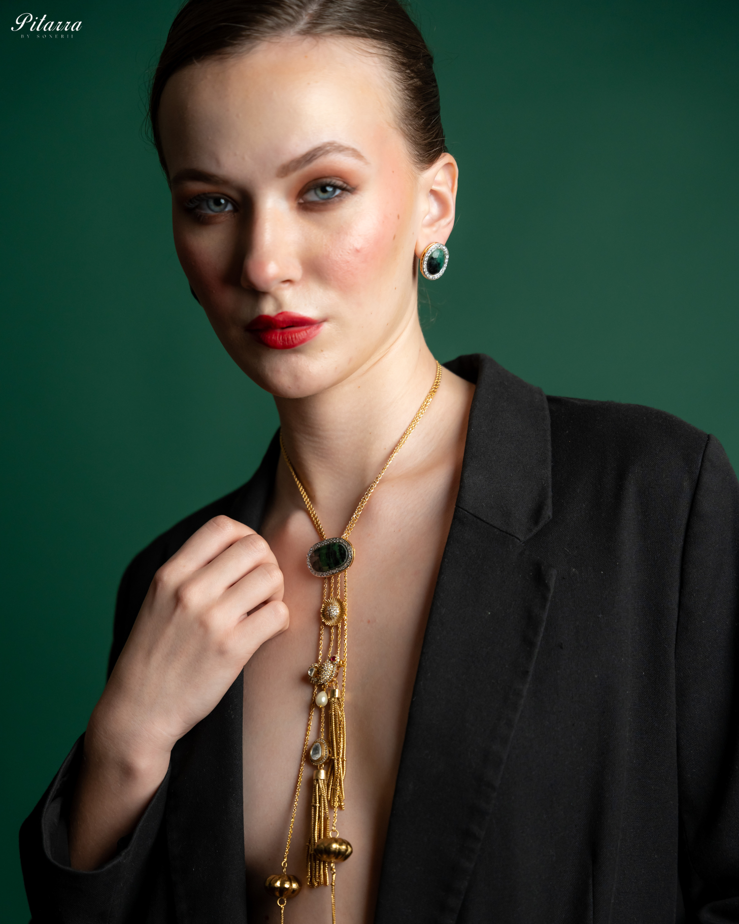 Gold Tone Chain Green Stone Necklace Set