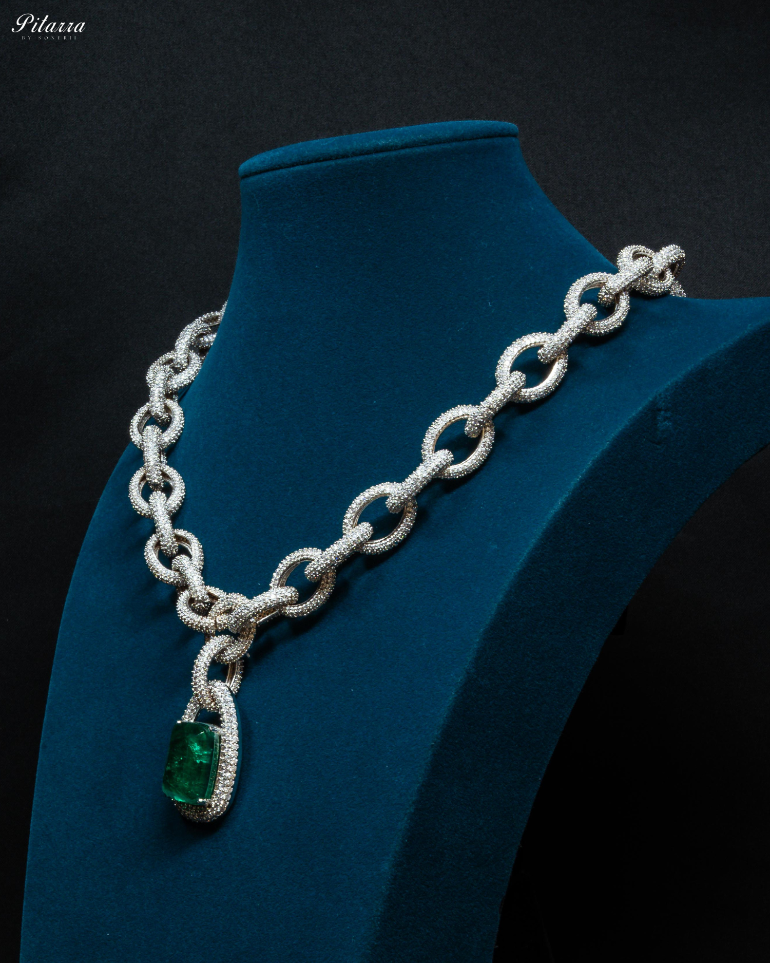 Emerald Stone Silver Chain CZ Necklace Set