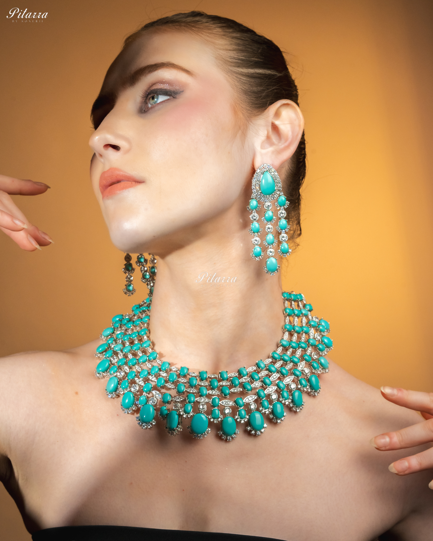 Turquiose Blue Stone Silver Multi Layer CZ Necklace Set