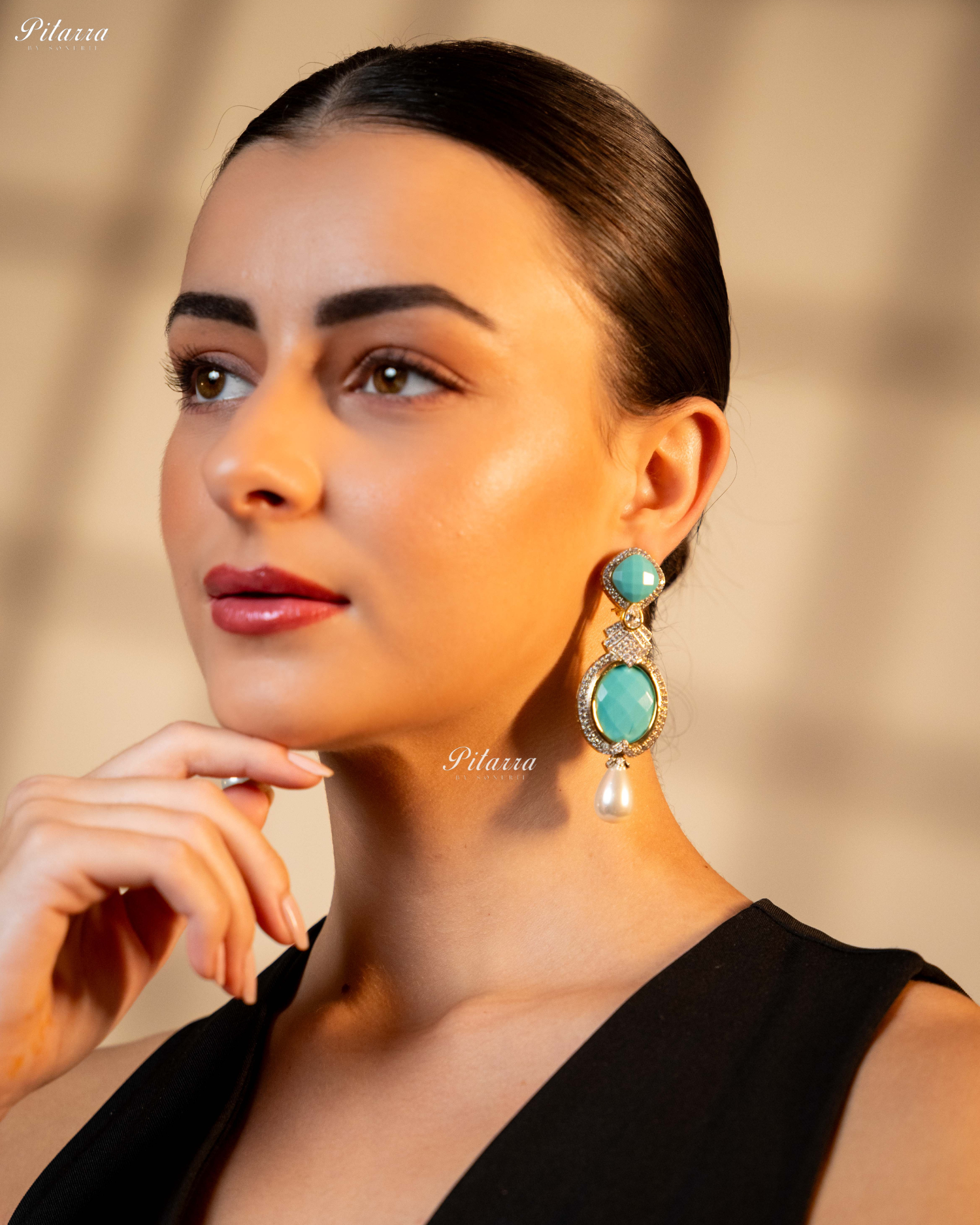 Turquoise Blue Pearl Stone Silver CZ Dangler Earrings