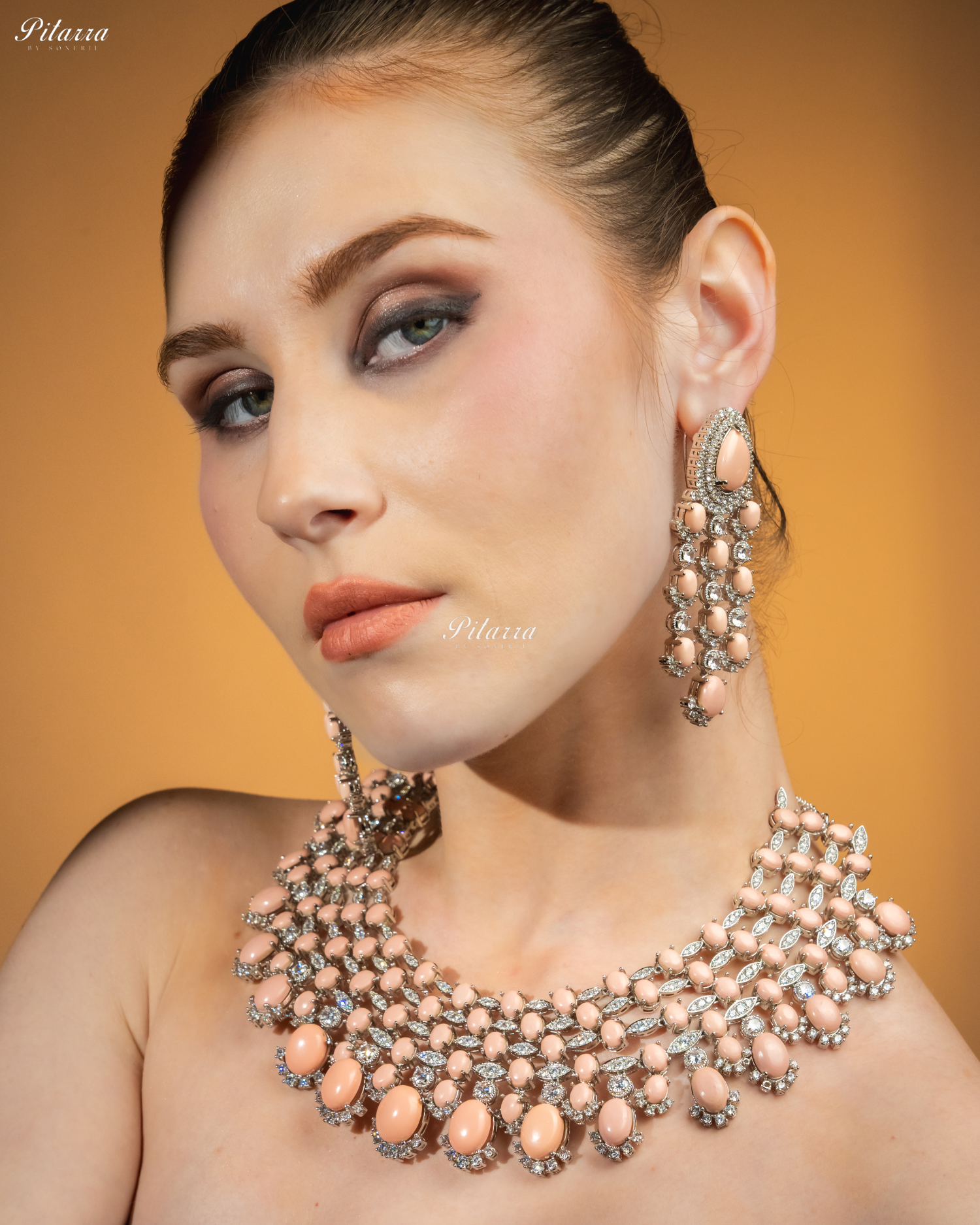 Peach Stone Silver Multi Layer CZ Necklace Set