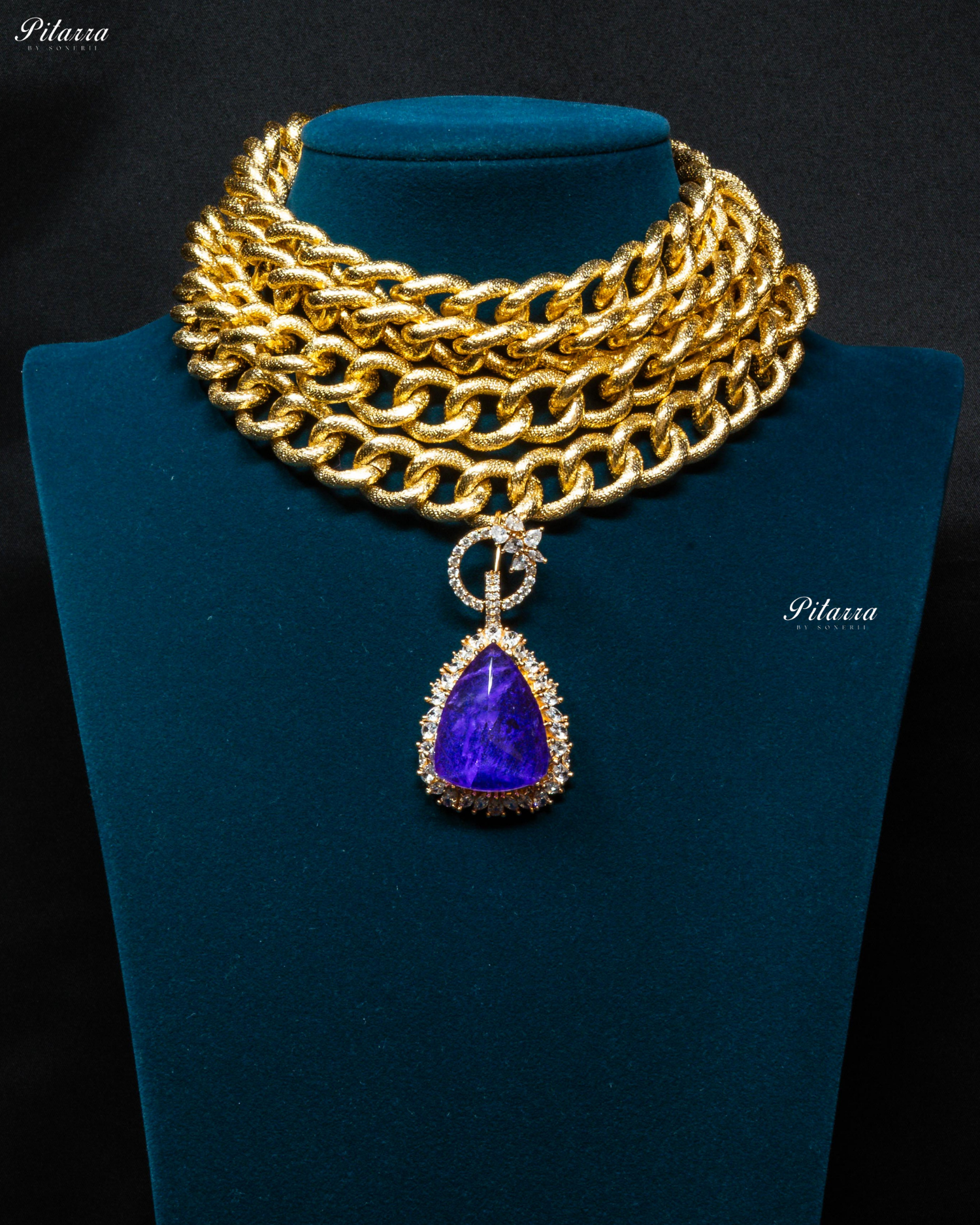 Golden Multilayered Blue Stone Statement Pendant Chain Choker