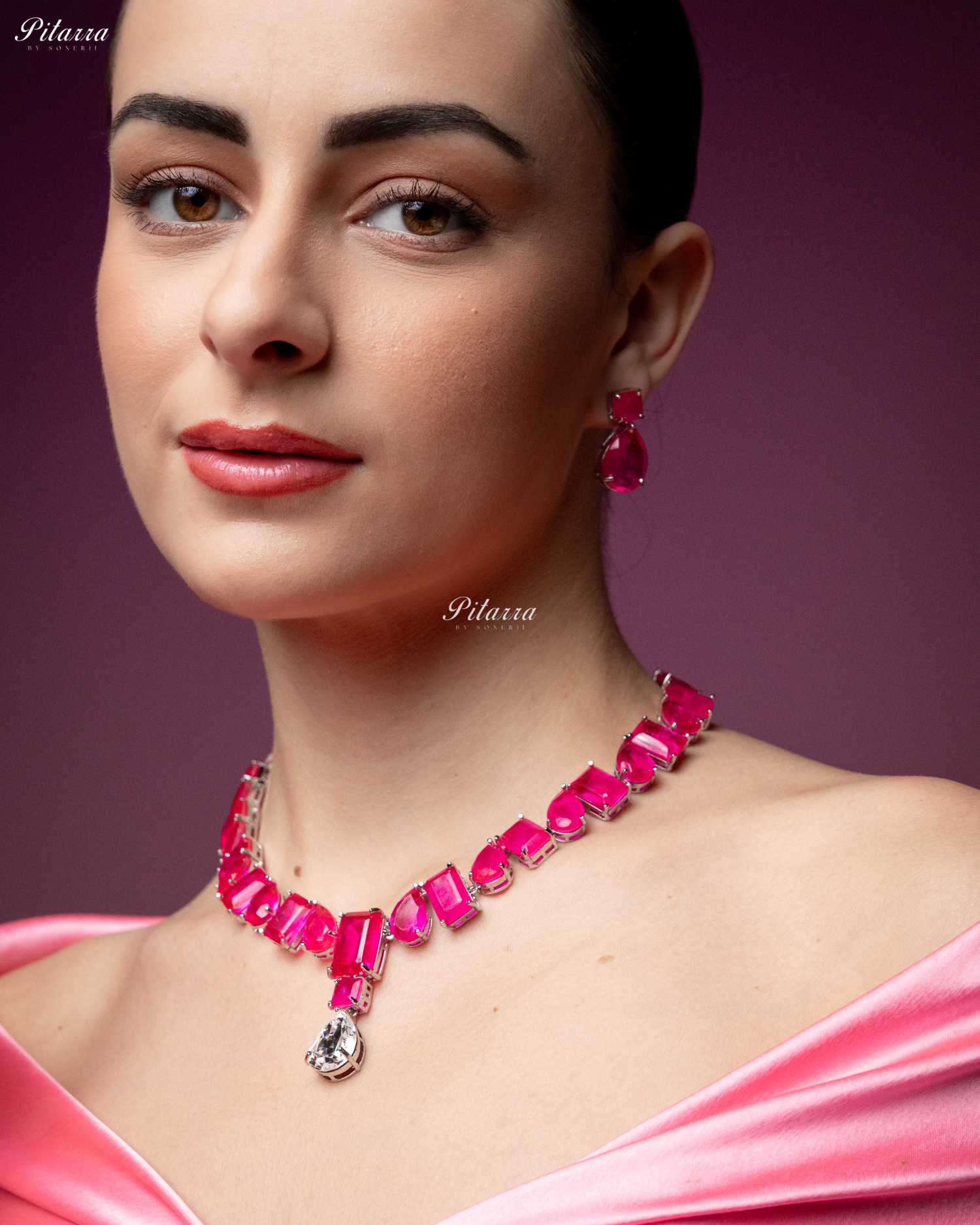 Pink Square and Drop Crystal Necklace Set