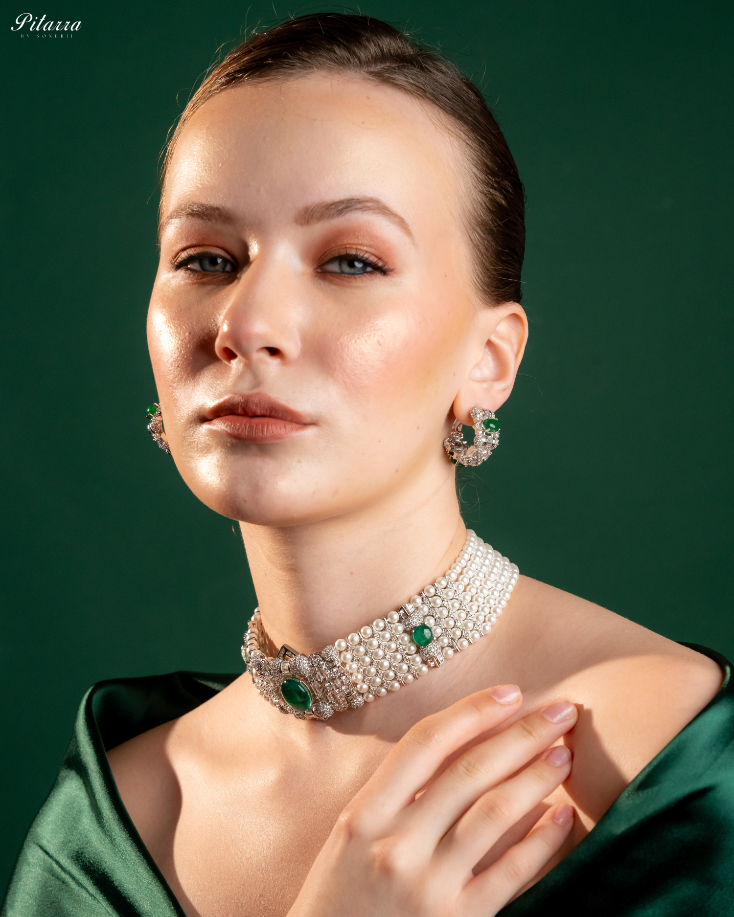 Green Carved Doublet and Pearl Choker