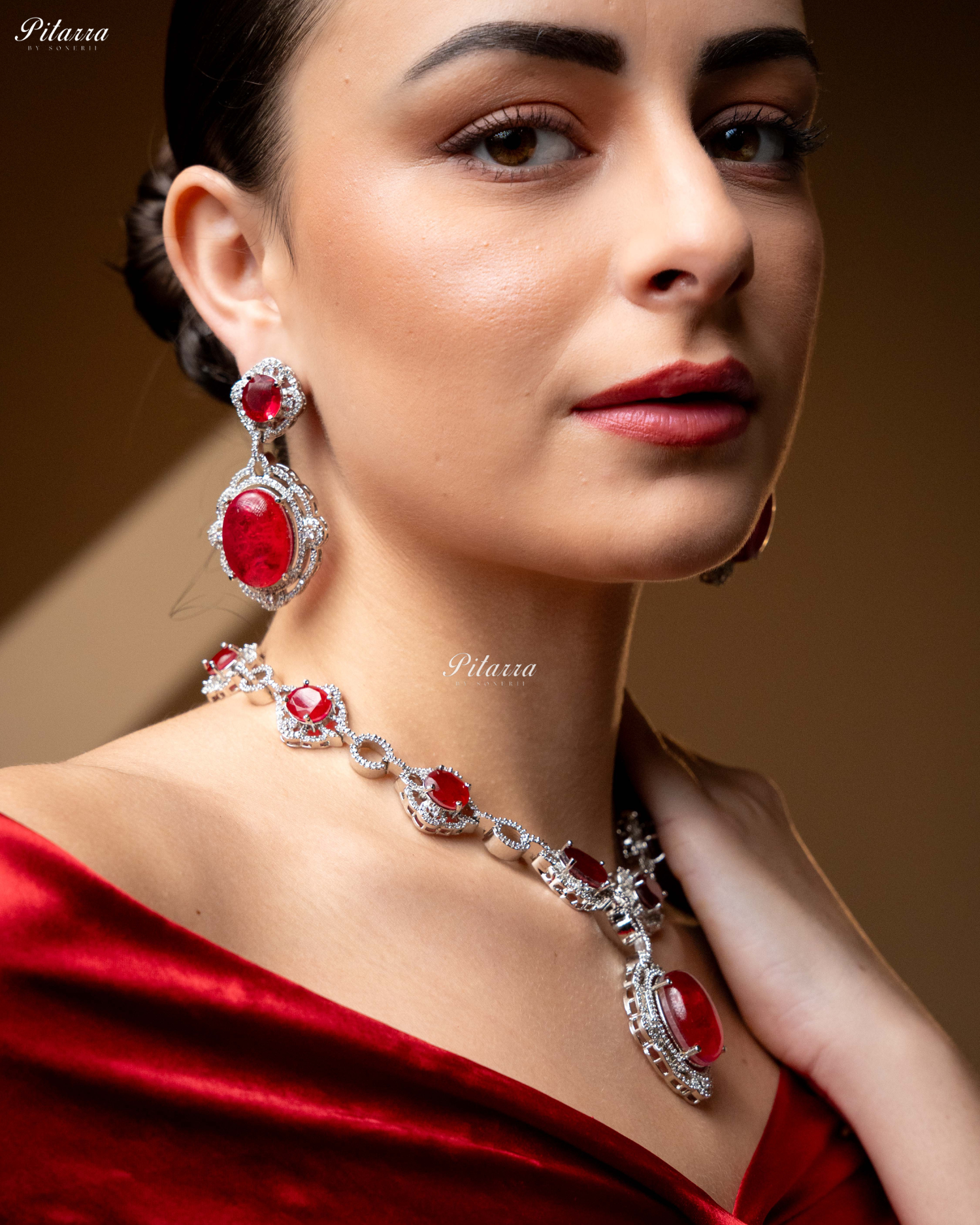 Red Stone Silver Finish Tone Crystal Necklace Set