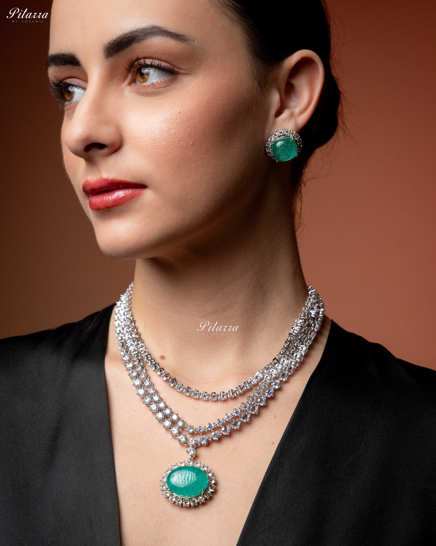 Green Stone Cubic Zirconia Silver Necklace Set