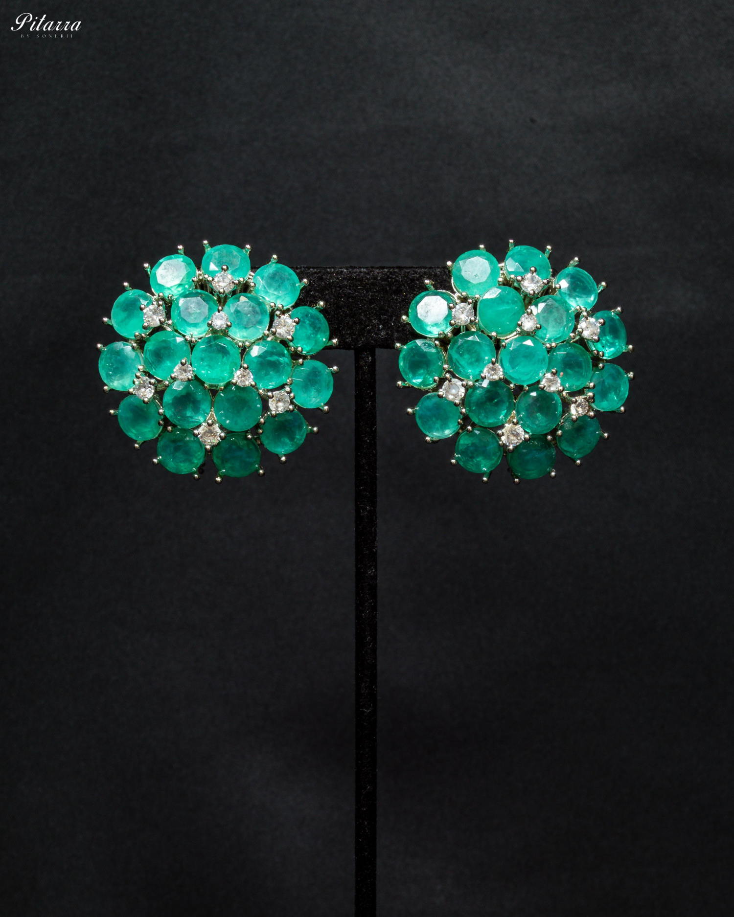 Green Stone Silver Crystal Stud Earrings