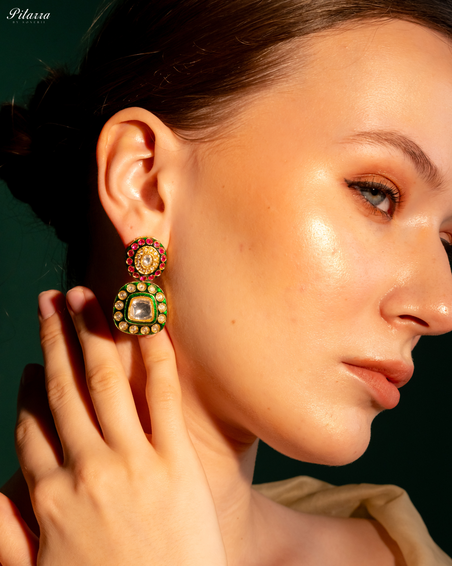 Lauren Green Square Polki Earrings Set