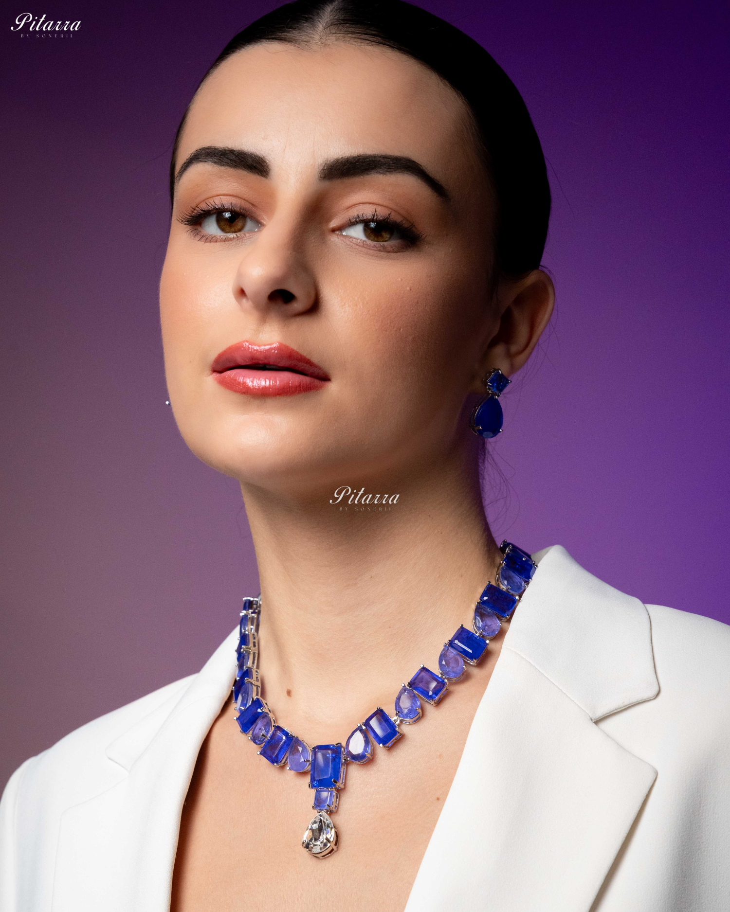 Blue Square and Drop Crystal Necklace Set
