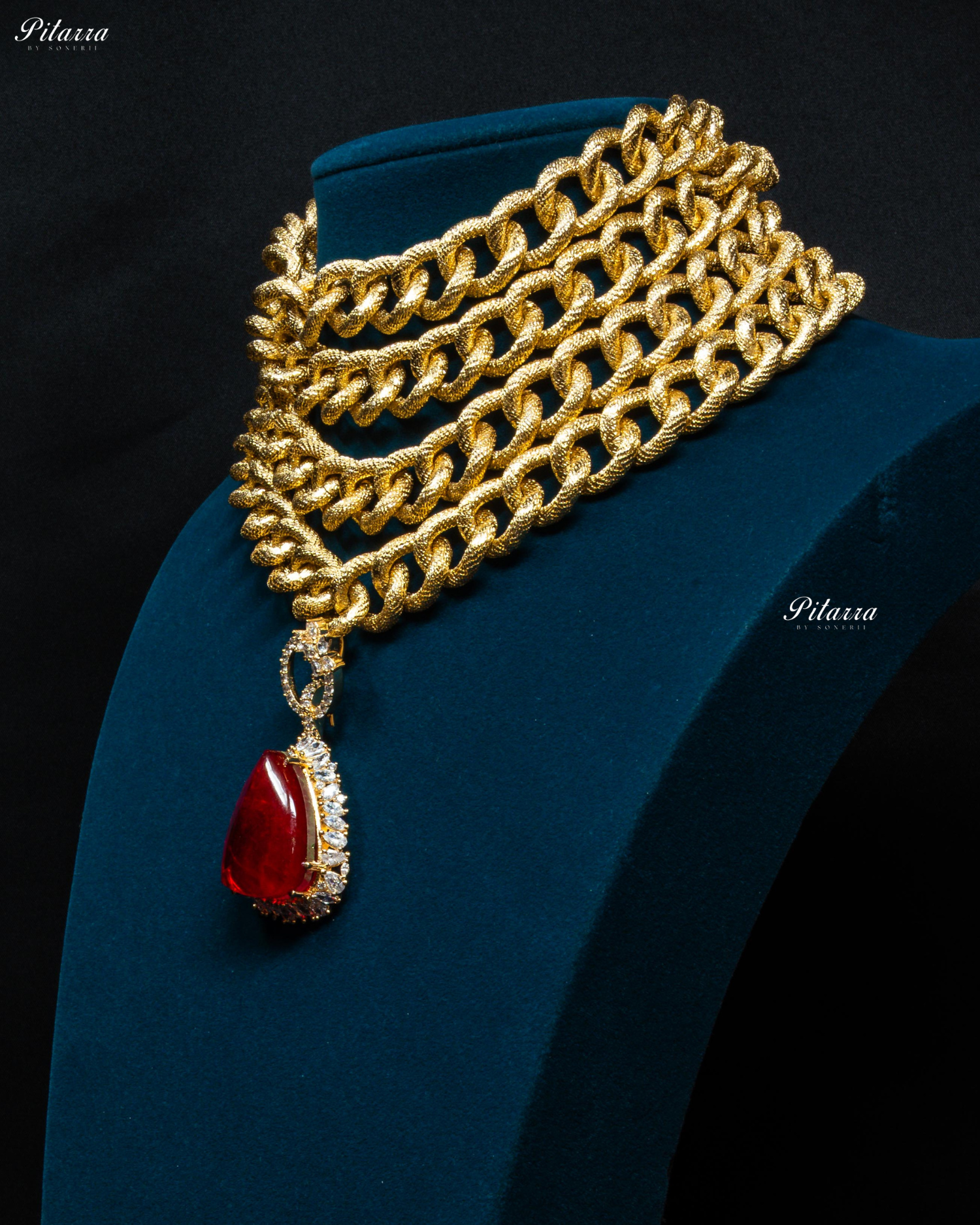 Golden Multilayered Red Stone Statement Pendant Chain Choker