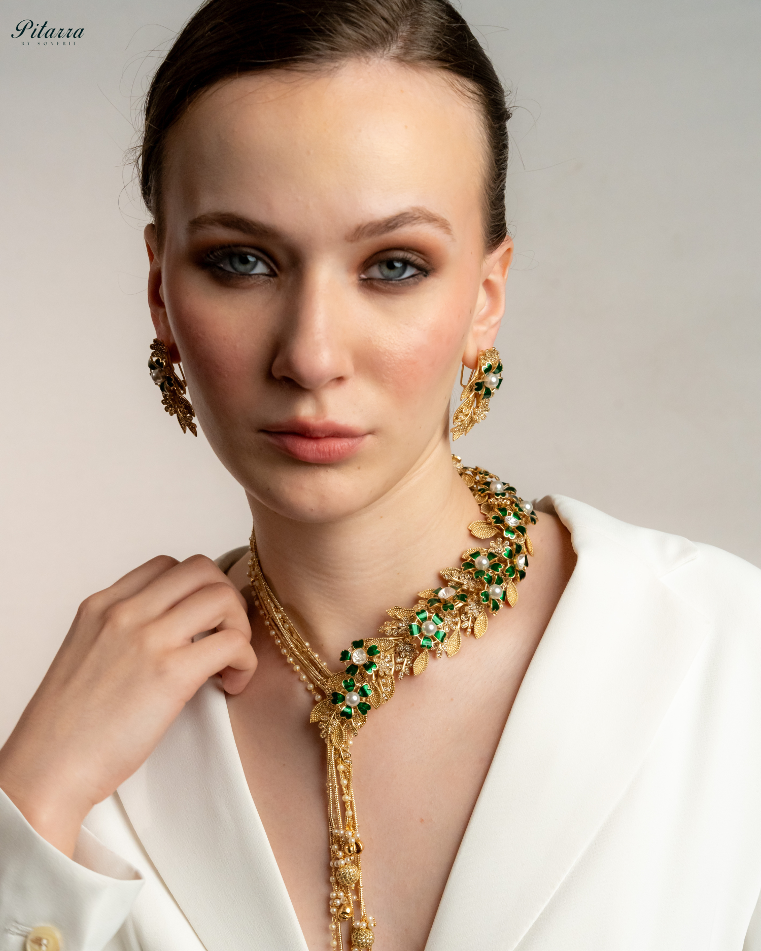 Green Leaf Polki Golden Dual Necklace Set