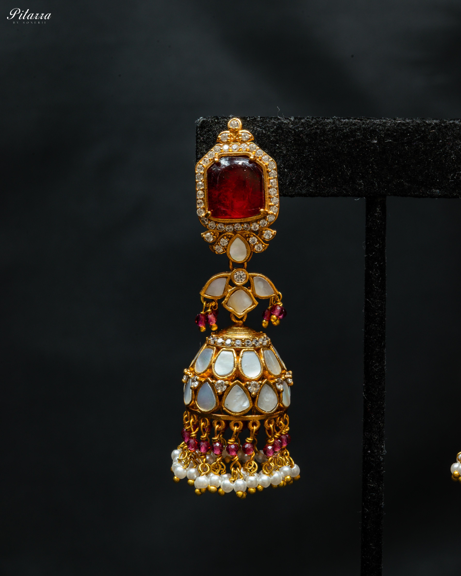 Gold Plated Ruby Red Kundan Jhumka Earrings